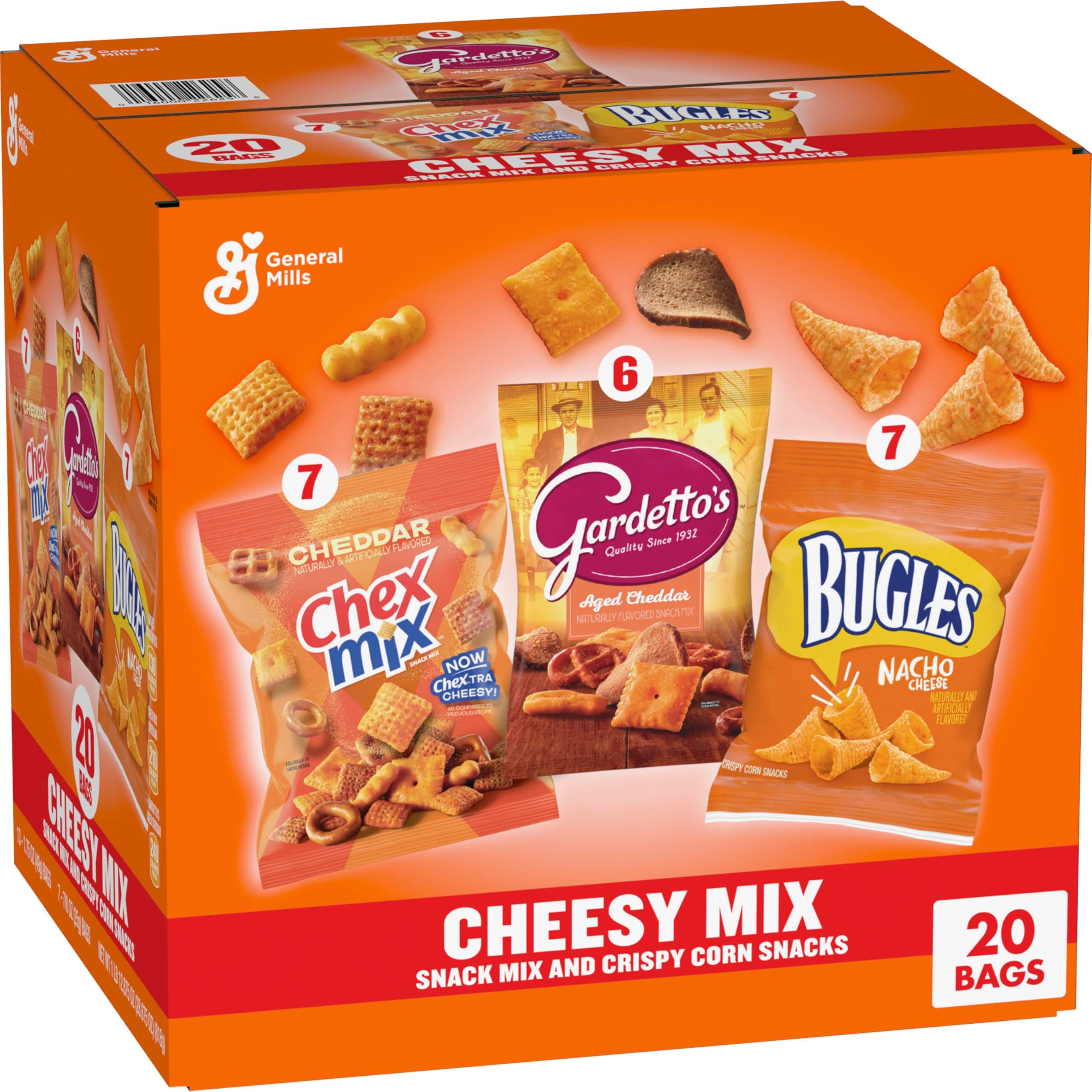 Cheesy Mix Variety Pack Snacks, Chex Mix Cheddar, Bugles Nacho Cheese, Gardetto's Aged Cheddar, 20 Ct, 28.875 oz