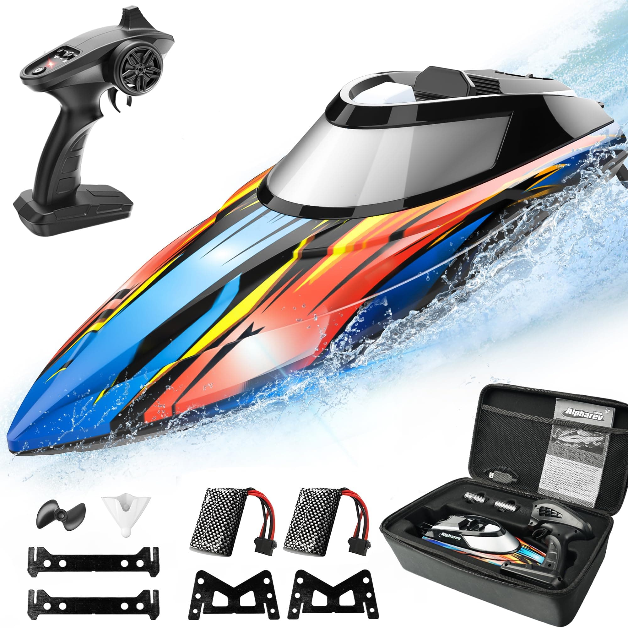 ALPHAREV RC Boat with Case - R308 20+ MPH Fast Remote Control Boat for Pool & Lake with 2 Batteries, 2.4GHz RC Boats for Adults & Kids, Summer Water Toys Birthday Gifts for Boys Teens