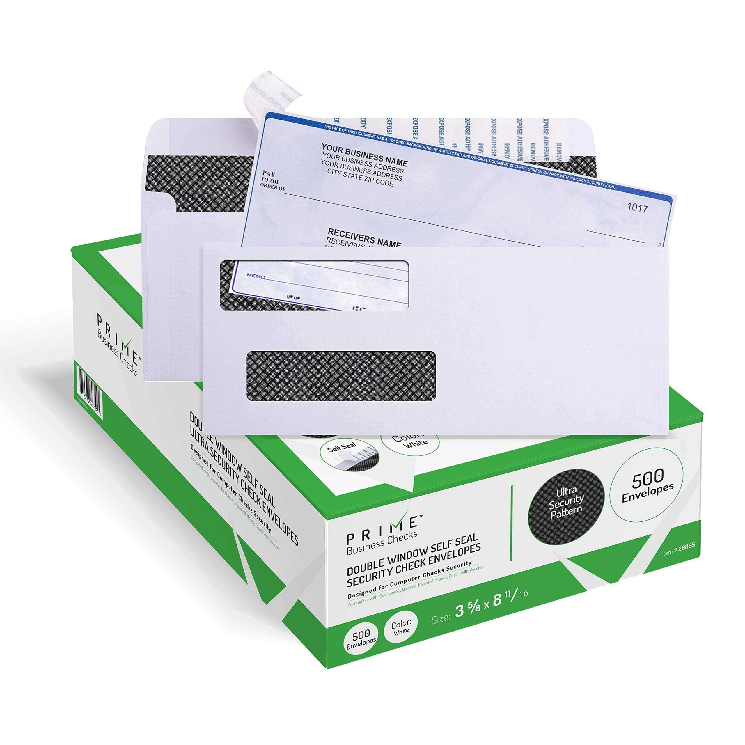 500 Self Seal QuickBooks Double Window Security Check Envelopes - for Business Laser Checks, Ultra Security Tinted, Self Adhesive Peel & Seal White, Size 3 5/8 x 8 11/16-24lb NOT for INVOICES (26865)