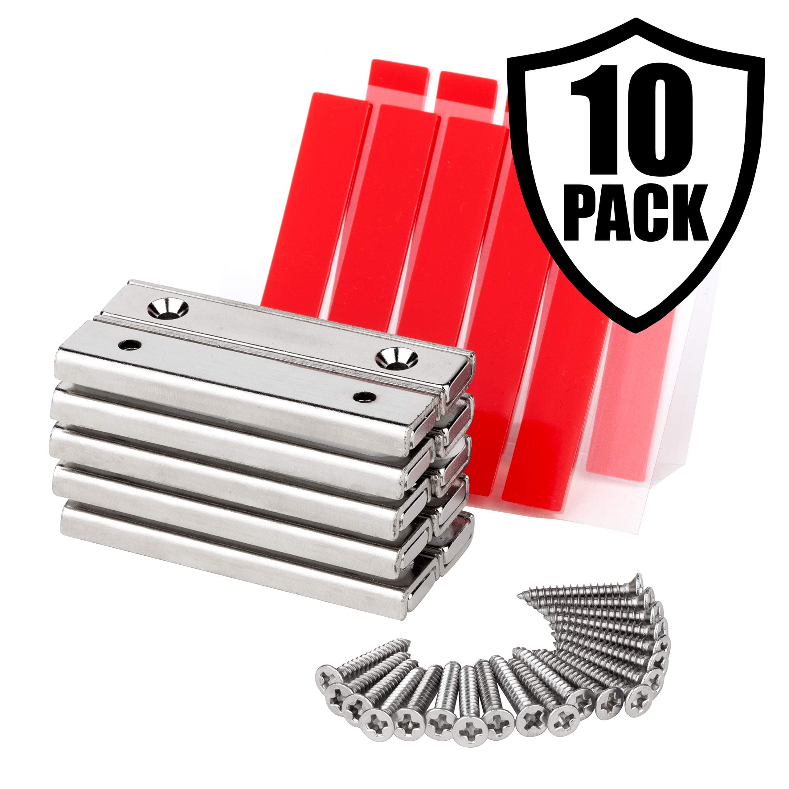 Strong Neodymium Magnets with Countersunk Holes | Rectangular Pot Magnets with Counter Bore | Double Sided Strong Adhesive Tape & Mounting Screws | Size - 2.36" x 0.53" x 0.2" | Pack of 10