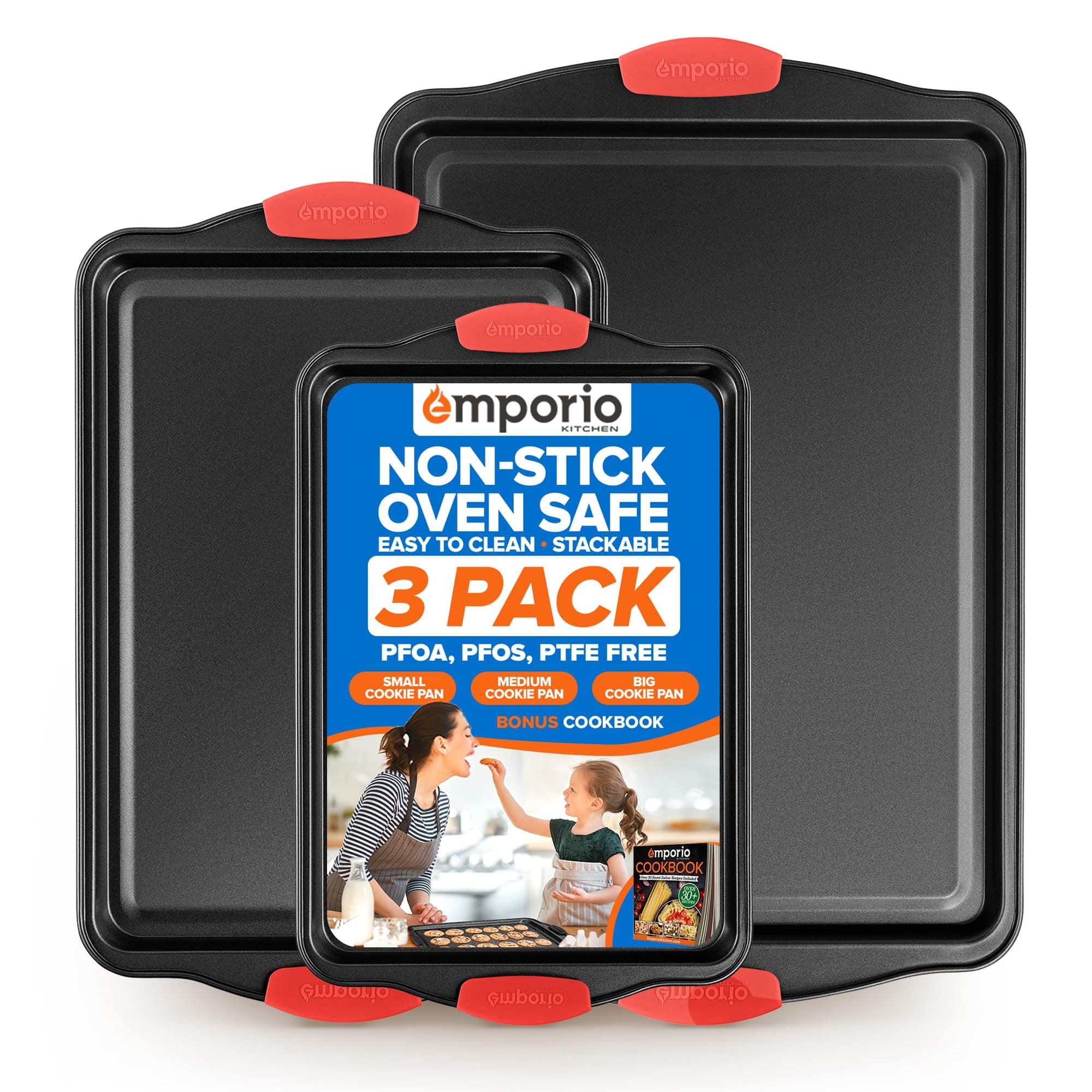 Baking Pan Set - Nonstick Coating, Carbon Steel Bakeware Set with Red Silicone Handles, PFOA, PFOS, PTFE Free, Recipe Booklet Included, Oven Safe Tray (Up To 450° F), Set of 3 - Black