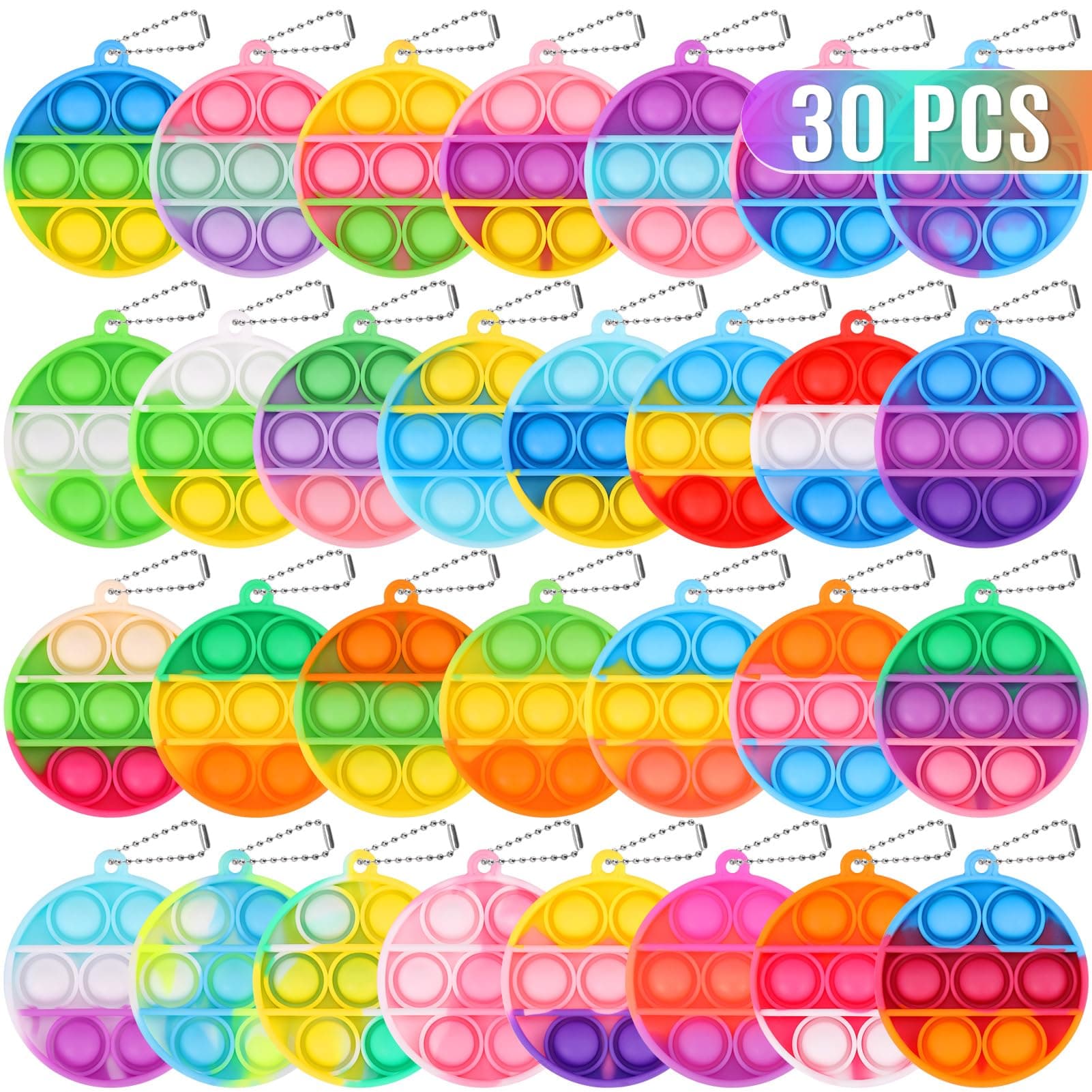 PICcircuit Pop Fidget Toys Bulk 30 Pack Mini Pop Fidget Keychain Its, Birthday Party Favors for Kids 4-8,8-12 Year Small Kid Classroom Prizes Fidgets It Bubbles Poppers Students Goodie Bag Stuffers