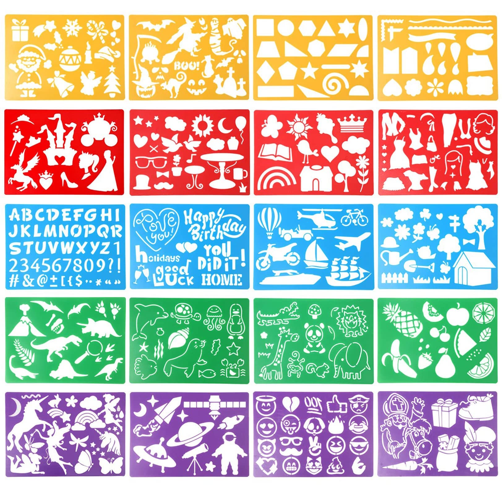 KASTWAVE Drawing Stencils Set for Kids, 20 Assorted Stencils Letters Flowers Animals Stencil Childrens Crafts Reusable Painting Stencils