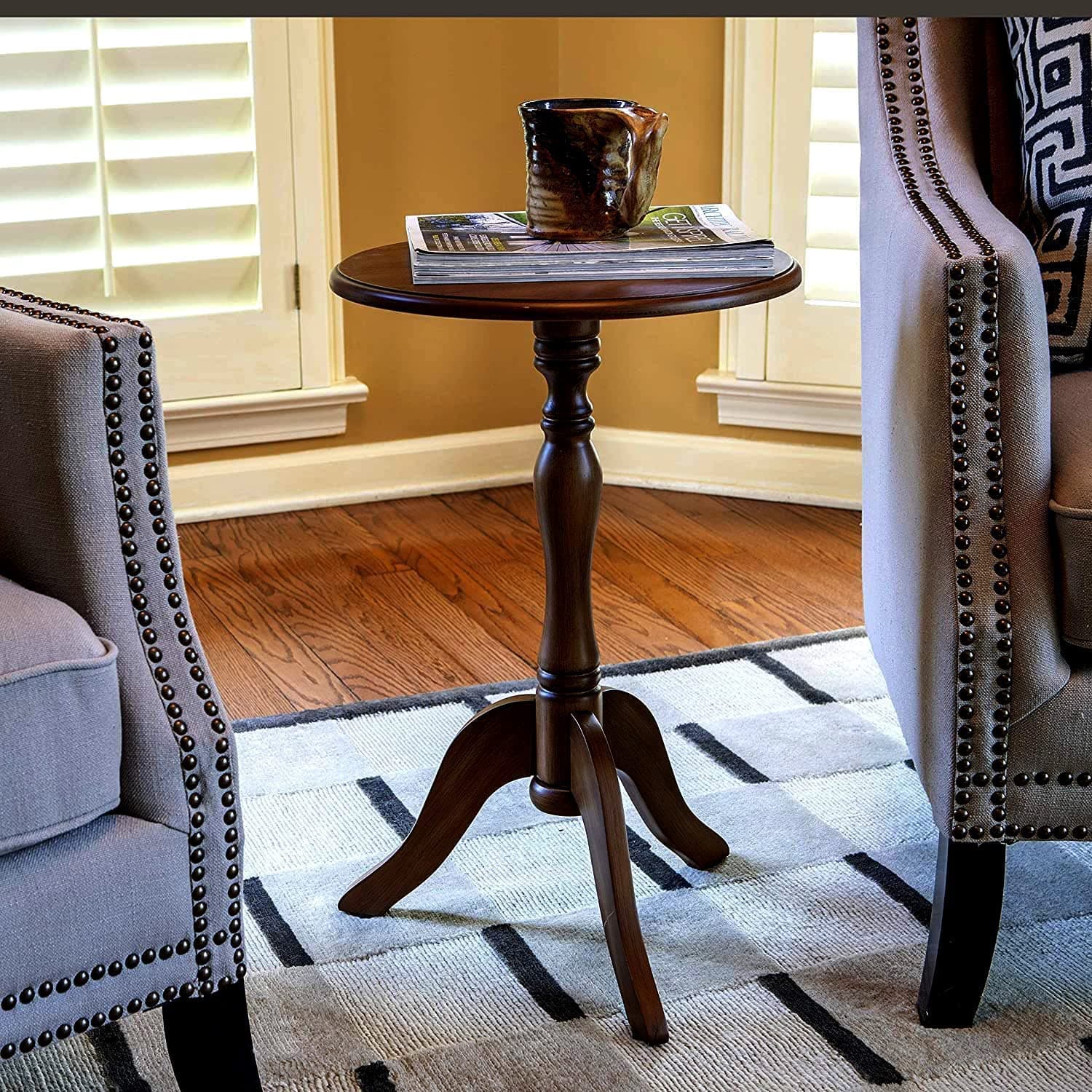 Side Table Oak Tray Small Round End Table, Rustic Side Table, Solid Wood Mini Side Table, Pedestal Tables/Flower Stand Living & Bed Room Decor (Brown)