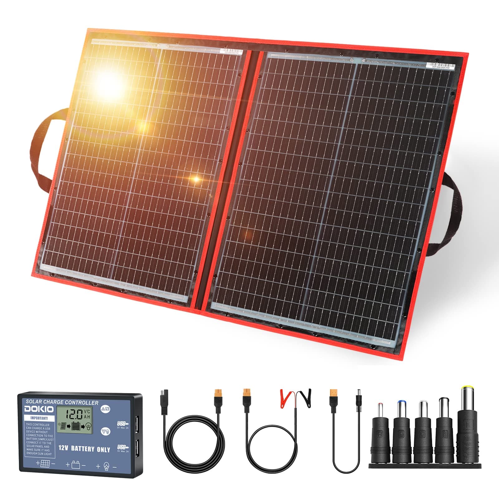 DOKIO 110W 18V Portable Foldable Solar Panel Kit (48 * 66cm, 2.4kg) Monocrystalline(HIGH Efficiency) with Controller 2 USB Output to Charge 12V Batteries (All Types: Vented AGM Gel) RV Camper Boat
