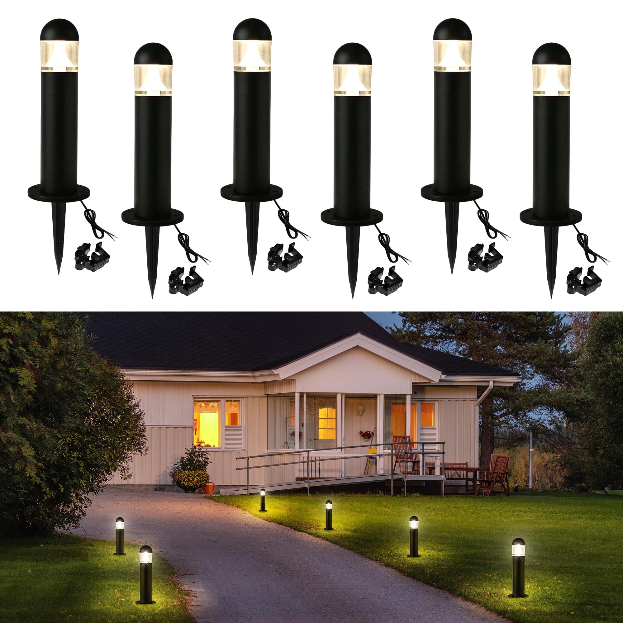 6 Pack Low Voltage Landscape Pathway Lights, 12V LED Bollard Light IP67 Waterproof, Outdoor Driveway Walkway Wired Lights (Included Connector) - Yard Garden Lawn, 2700K Warm White