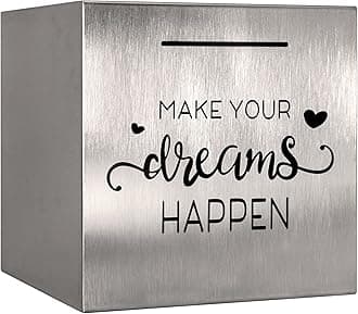 Piggy Bank Made of Stainless Steel, Piggy Banks for Adults Coin Bank,Can Only Save The Piggy Bank That Cannot be Taken Out (Make.Your.Dreams.Happen(4.72 inch-Silvery))