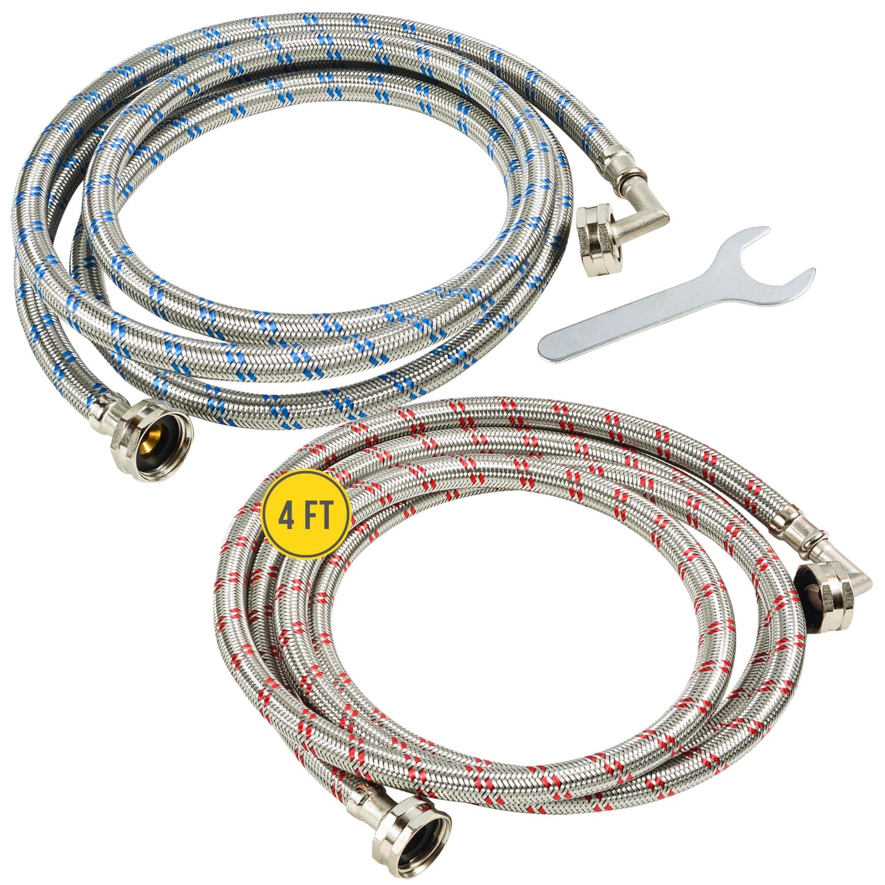 Washing Machine Hoses (4FT) - 90° Elbow - OCTAGON Connections for Secure Tightening - Universal Fit to All Wash Machines - (2 Pack) Braided Stainless Steel - Burst Proof Washer Water Supply Line