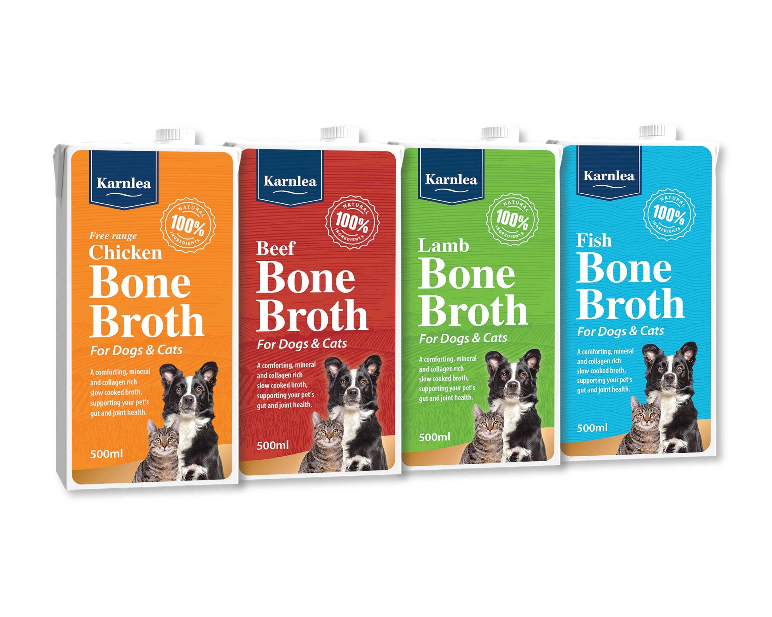 Bone Broth Variety Pack - 4 x 500ml | 100% Real Chicken, Beef, Fish & Lamb Liquid Bone Broth for Cats & Dogs | High in Collagen & Protein for Healthy Joints, Gut, Digestion, Skin & Sickness