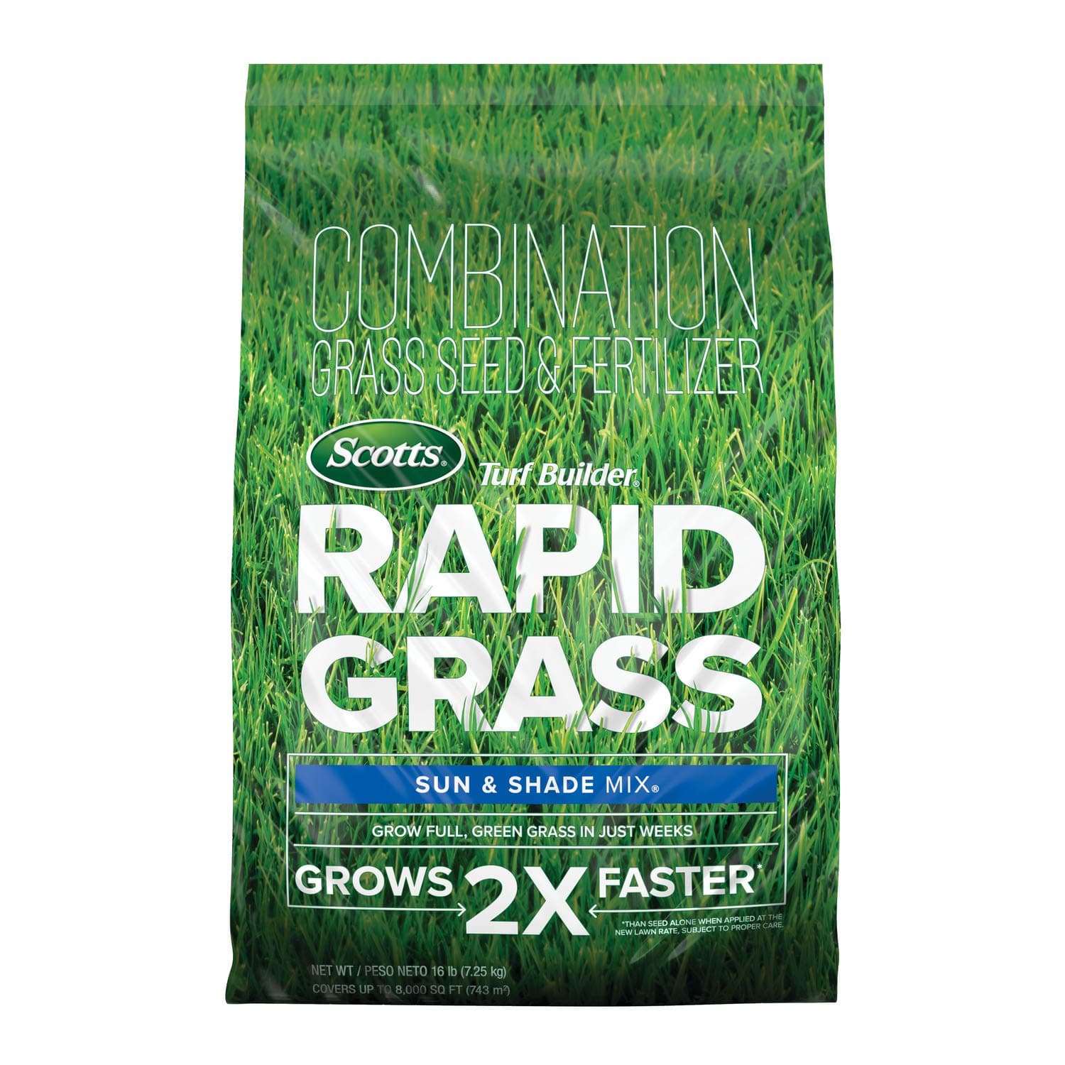 Turf Builder Rapid Grass Sun and Shade Mix, Combination Grass Seed and Fertilizer, Grows Green Grass in Just Weeks, 16 lbs.