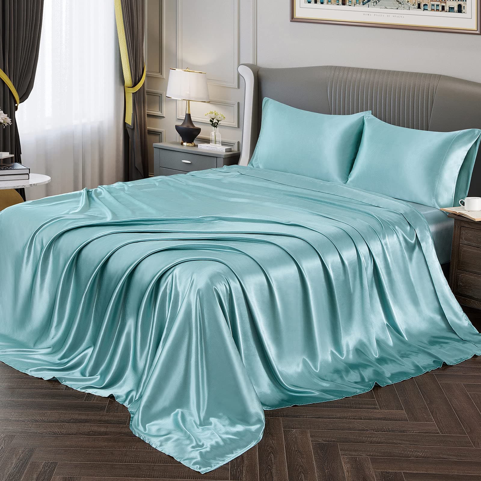 Vonty Satin Sheets King Size Silky Soft Satin Bed Sheets Aqua Sheet Set, 1 Deep Pocket Fitted Sheet + 1 Flat Sheet + 2 Pillowcases