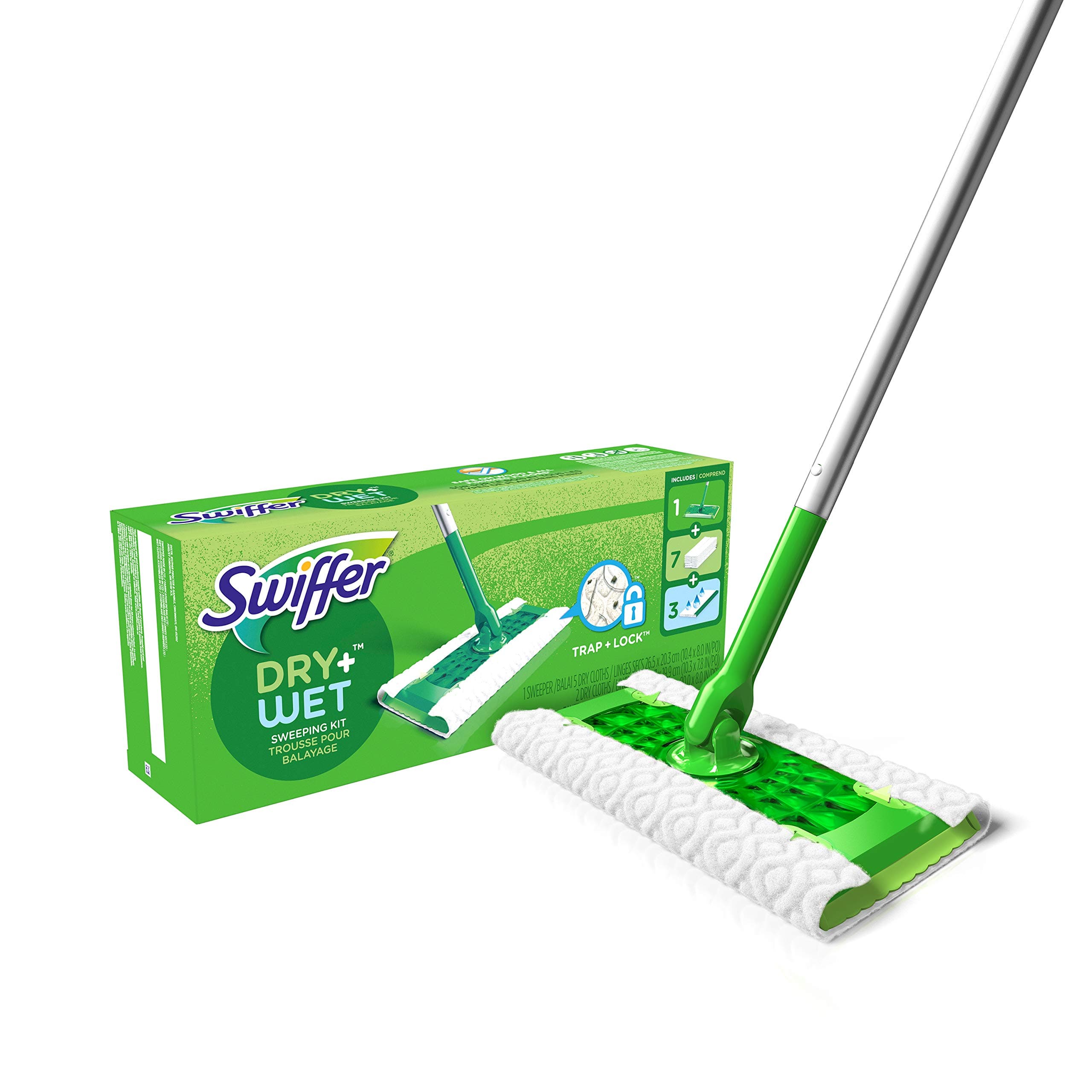 Swiffer Sweeper Dry + Wet Sweeping Kit - 1 Sweeper + 7 Dry Cloths + 3 Wet Cloths, 11 Piece Set