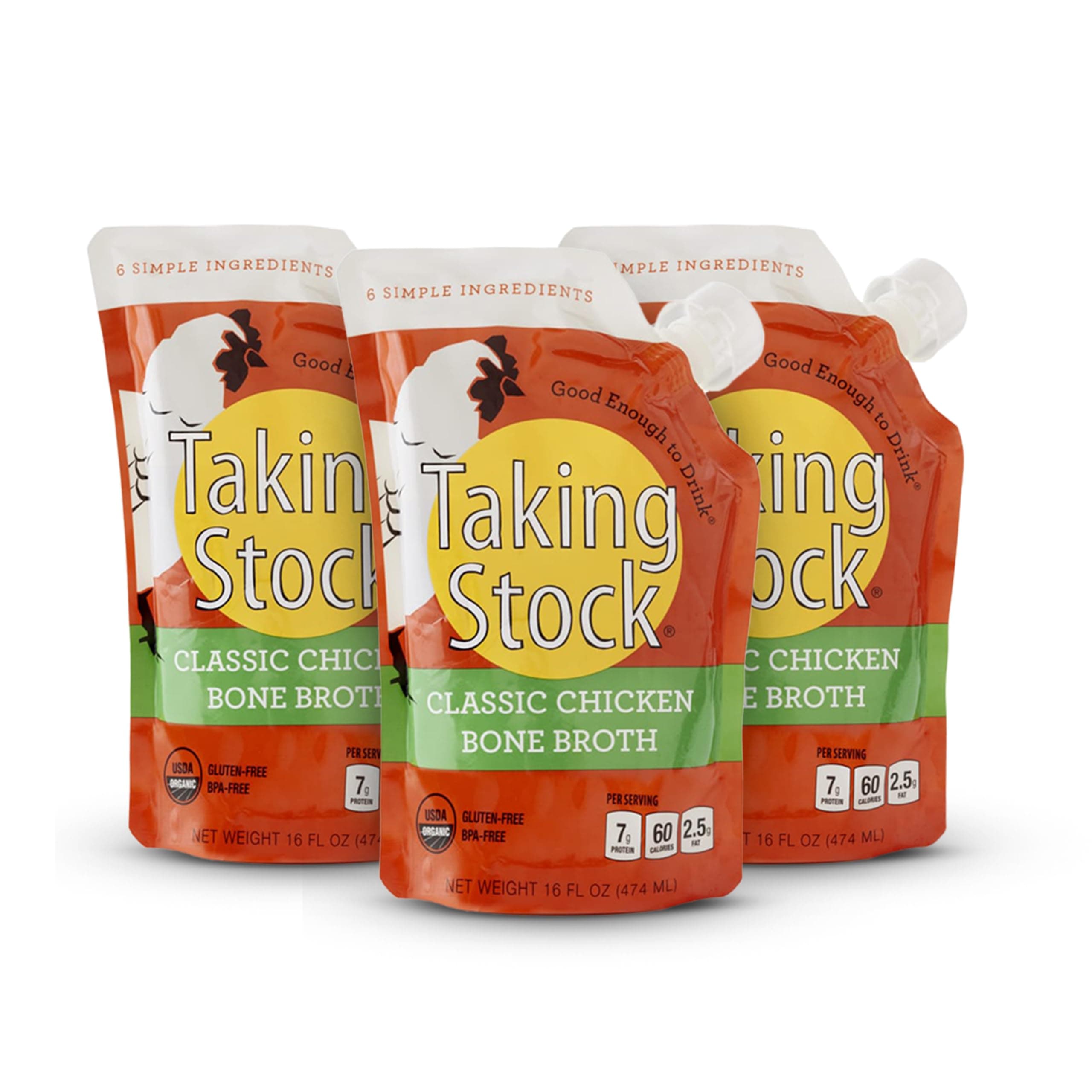 Taking StockClassic Bone Broth, Chicken Flavor, Nutrient Dense, Chef Crafted Bone Broth Organic, BPA Free, Gluten-Free, High Protein, Low Calorie, Sipping Bone Broth, 16 Oz, Pack of 3, Organic