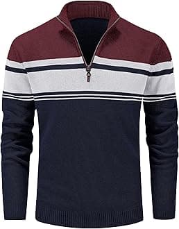 MAGCOMSEN Men's Sweaters 1/4 Zip Up Casual Striped Pullover Polo Sweaters Fall Winter Sweatshirts, Navy Wine Red, XL