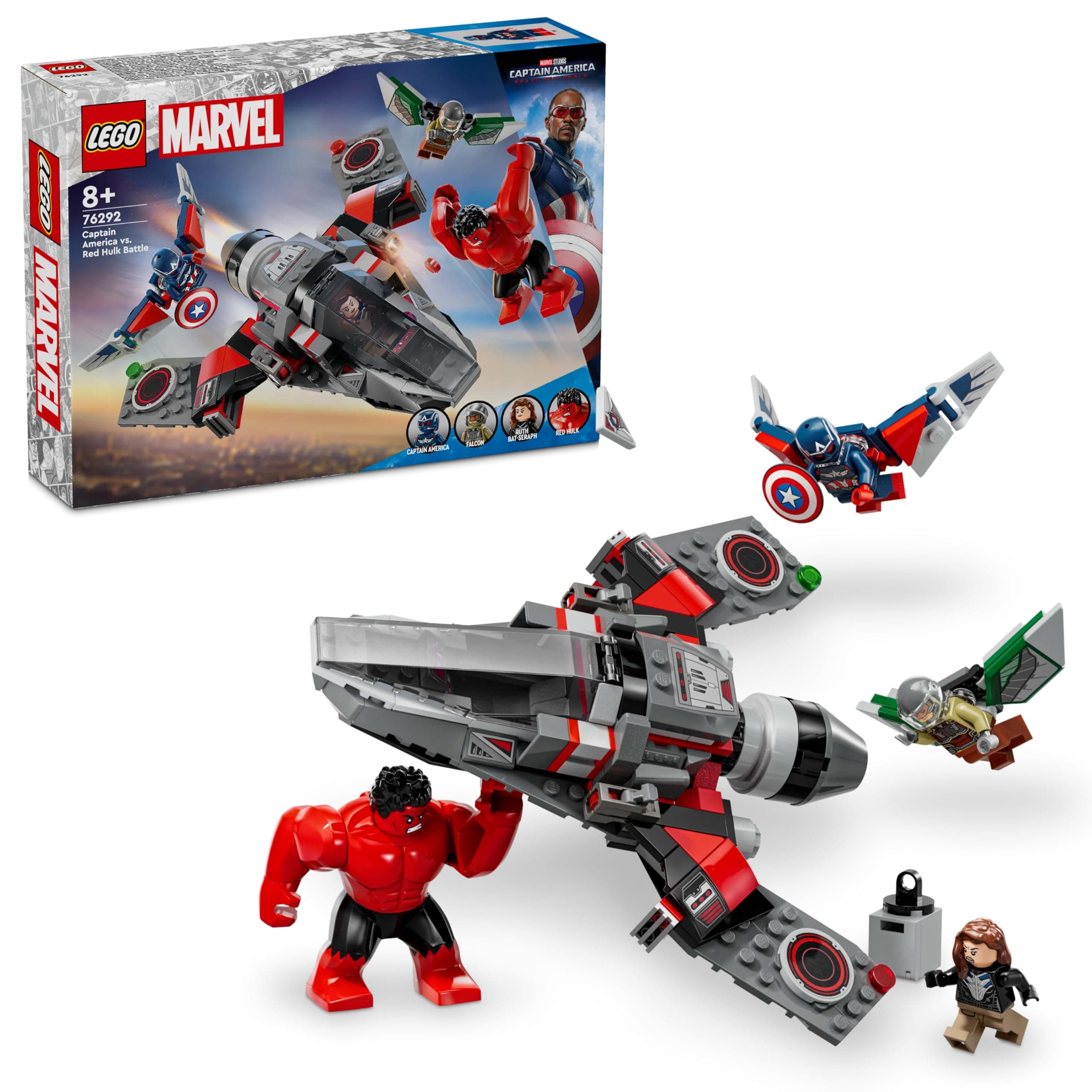 Marvel Captain America vs. Red Hulk Battle Set, Plane Building Toy with 4 Super Hero Minifigures Including Red Hulk and Falcon, Ramadan Gifts for 8 Plus Year Old Boys & Girls 76292