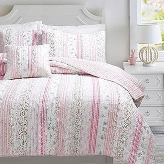 Cozy Line Home Fashions Pink Flower Lace Ruffle Stripe Shabby Chic Girl 100% Cotton Reversible Quilt Bedding Set, Coverlet, Bedspread (Pink Lace, Queen - 3 Piece: 1 Quilt + 2 Shams)