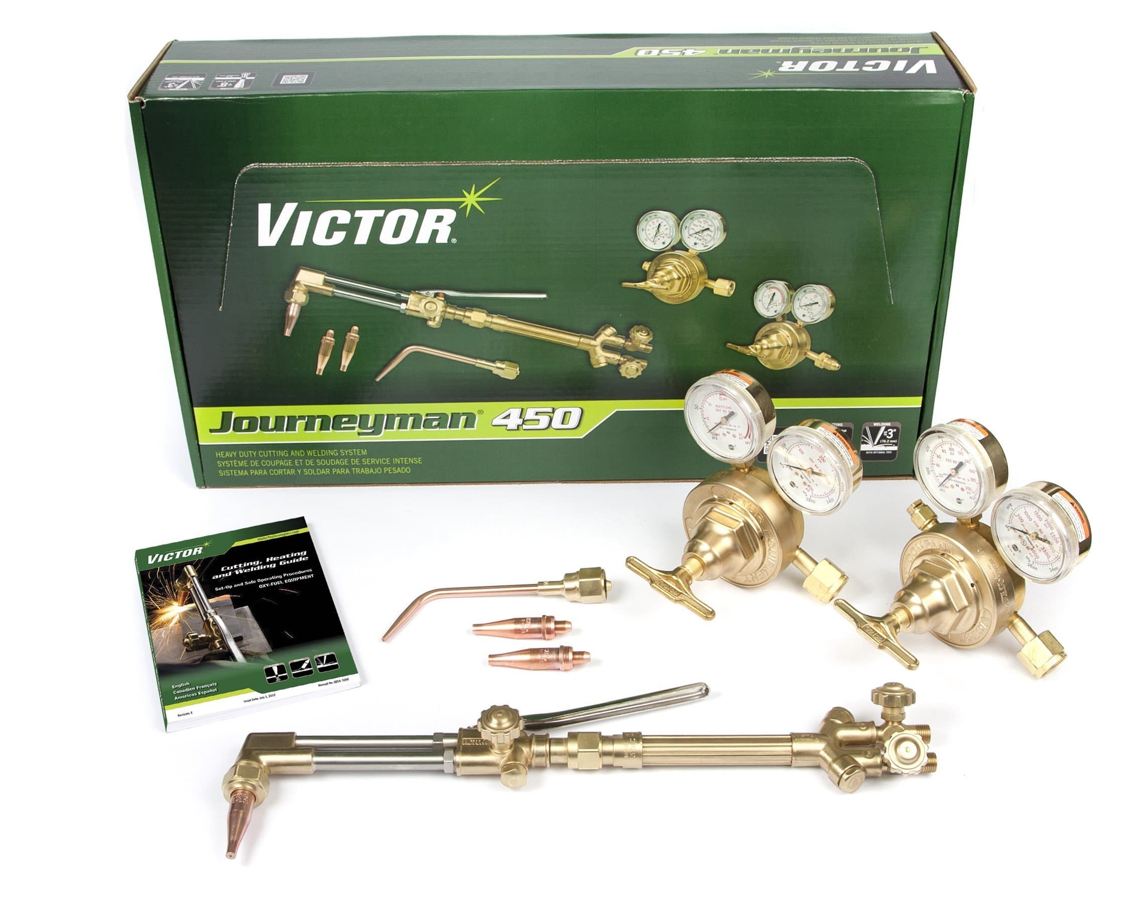 Victor Technologies 0384-0807 Journeyman 450 SR Series Cutting System, Acetylene SR460-510 Gas Regulator, 315F Torch Handle, CA2460 Cutting Attachment, Cutting tips, Welding Nozzle