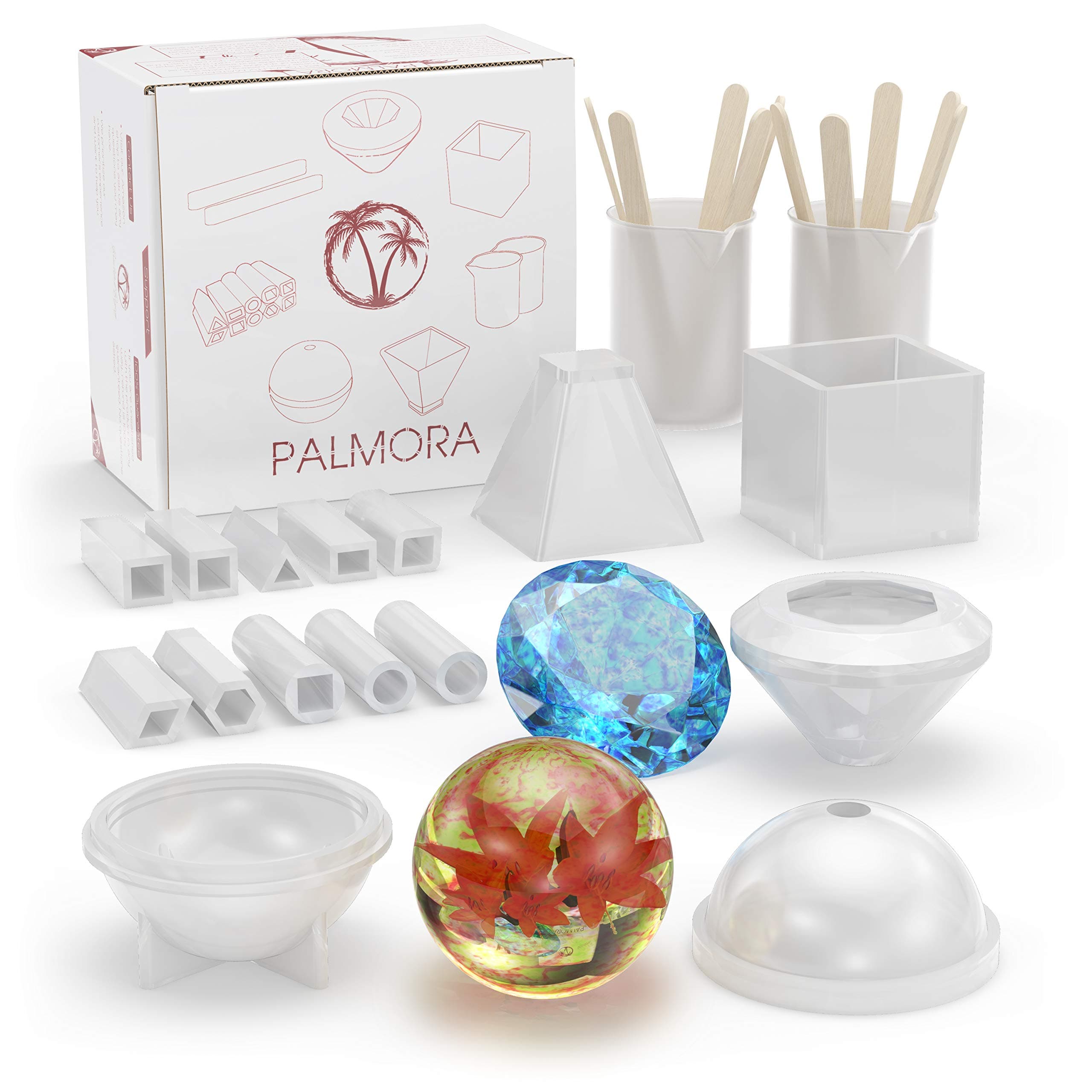Resin Casting Molds | Premium Silicone Crystal Clear Epoxy Molds | Complete Resin Art Kit Including Cube, Cone, Diamond, Sphere, Pendant, 10 Sticks & 2 Measuring Cups | Lifetime Replacement