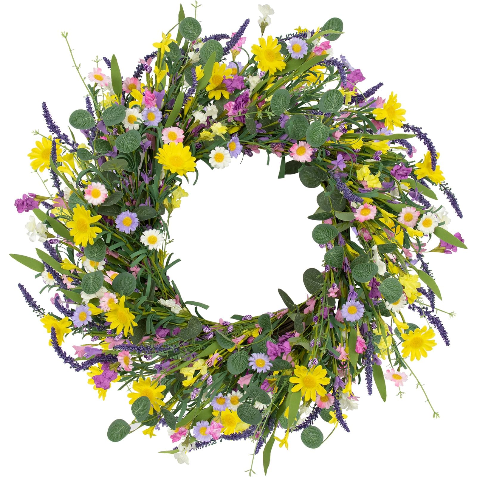 LLZLL Spring Decorations for Home 22" Spring Wreath Artificial Summer Wreaths with Eucalyptus Leaf Lavender and Daisy for Easter Indoor Outdoor Home Festival Celebrations