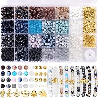 Funtopia Glass Beads for Jewellery Making, 1377pcs Neutral Tones Bracelet Making Kit, 24 Colors 6mm Round Glass Bead, Crystal Gemstone Beads and Gold Spacer Bead, DIY Crafts Gifts for Women Men