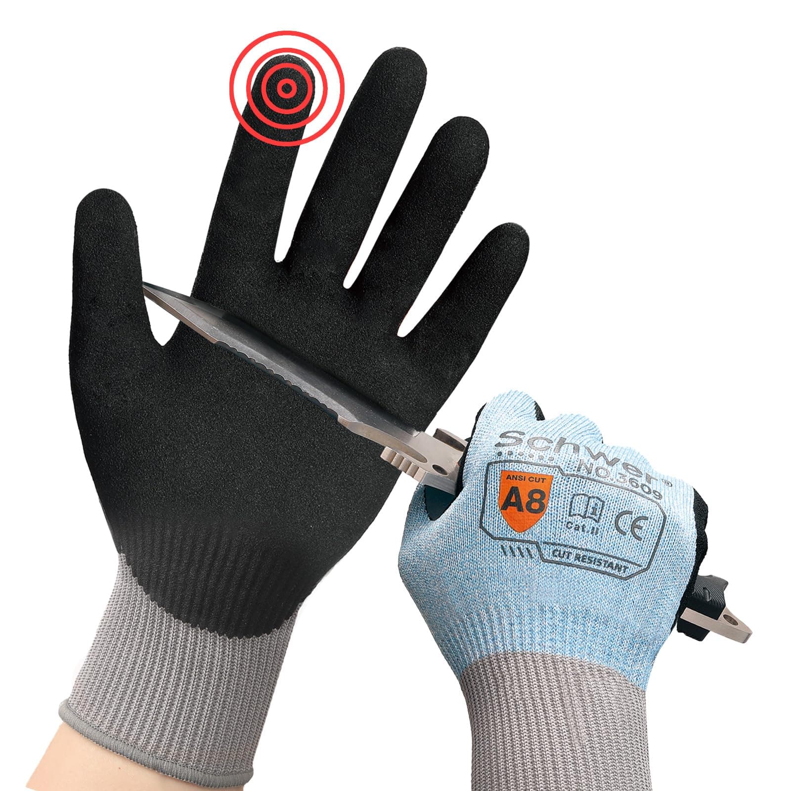Schwer ANSI A8 Cut Resistant Gloves, Touchscreen, Cutting Gloves with Sandy Nitrile Coated Firm Grip, for Warehouse, Handle Glass, Carving, Gardening, Construction, Fishing, Wood Work（Blue,L）
