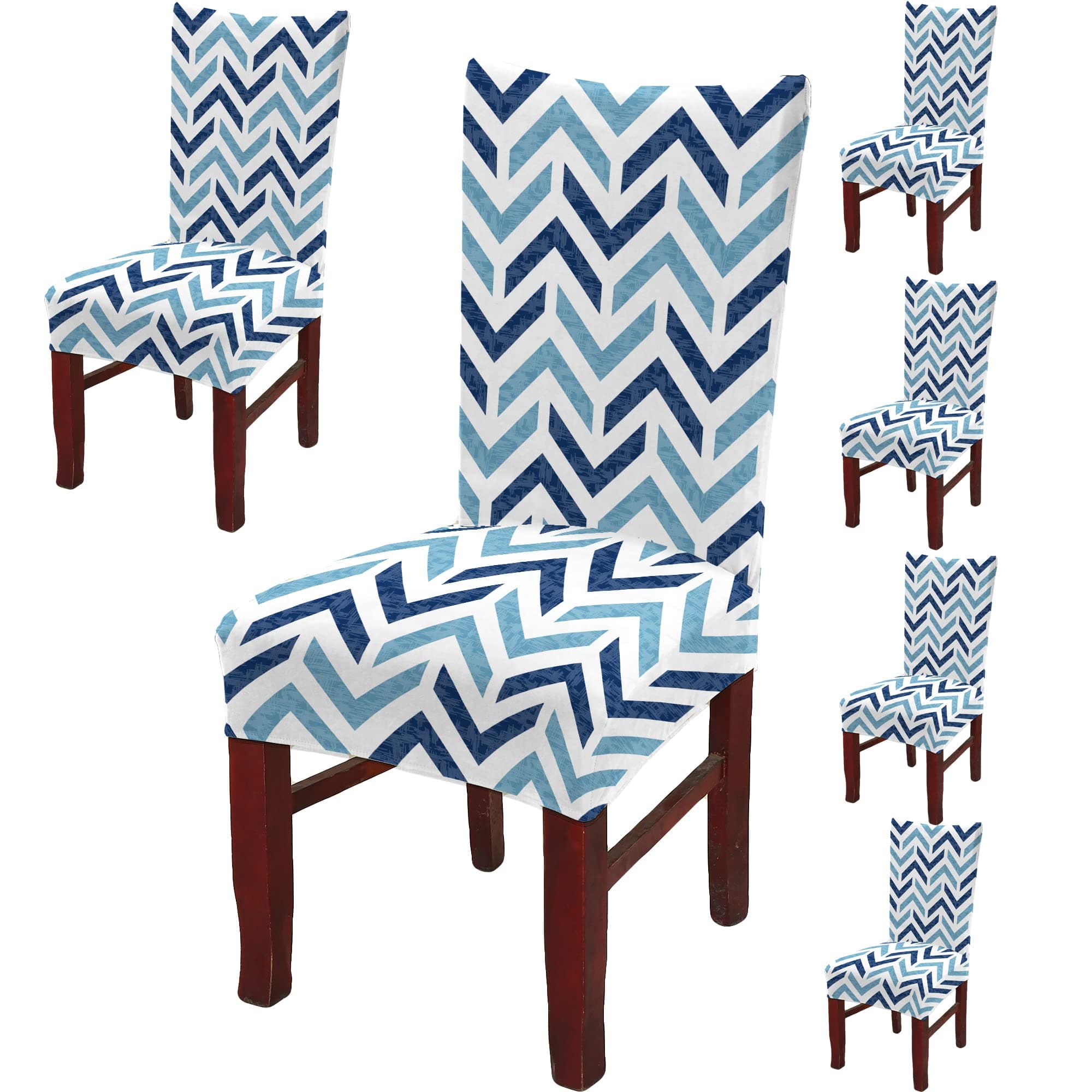 BRIDA® Polyester Spandex Stretchable Floral Geometric Printed Dining Chair Covers Elastic Chair Seat Case Protector, Slipcovers (6 Chair Cover, Zigzag Blue)