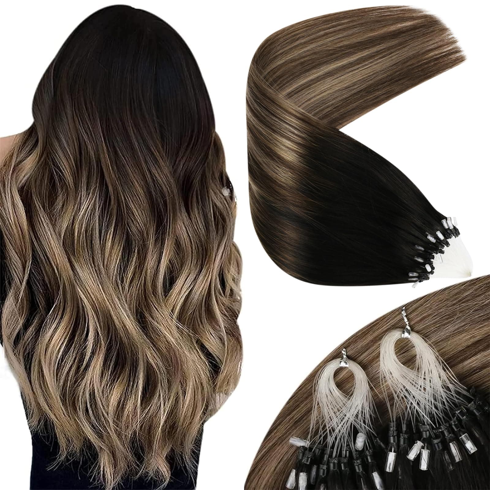 Sunny Hair Micro Loop Extensions Human #1B Natural Black to #4 Dark Brown Mixed #18 Ash Blonde Micro Ring Human Extensions Silicone Micro Links Extensions Silky Straight 50g/50s 16inch