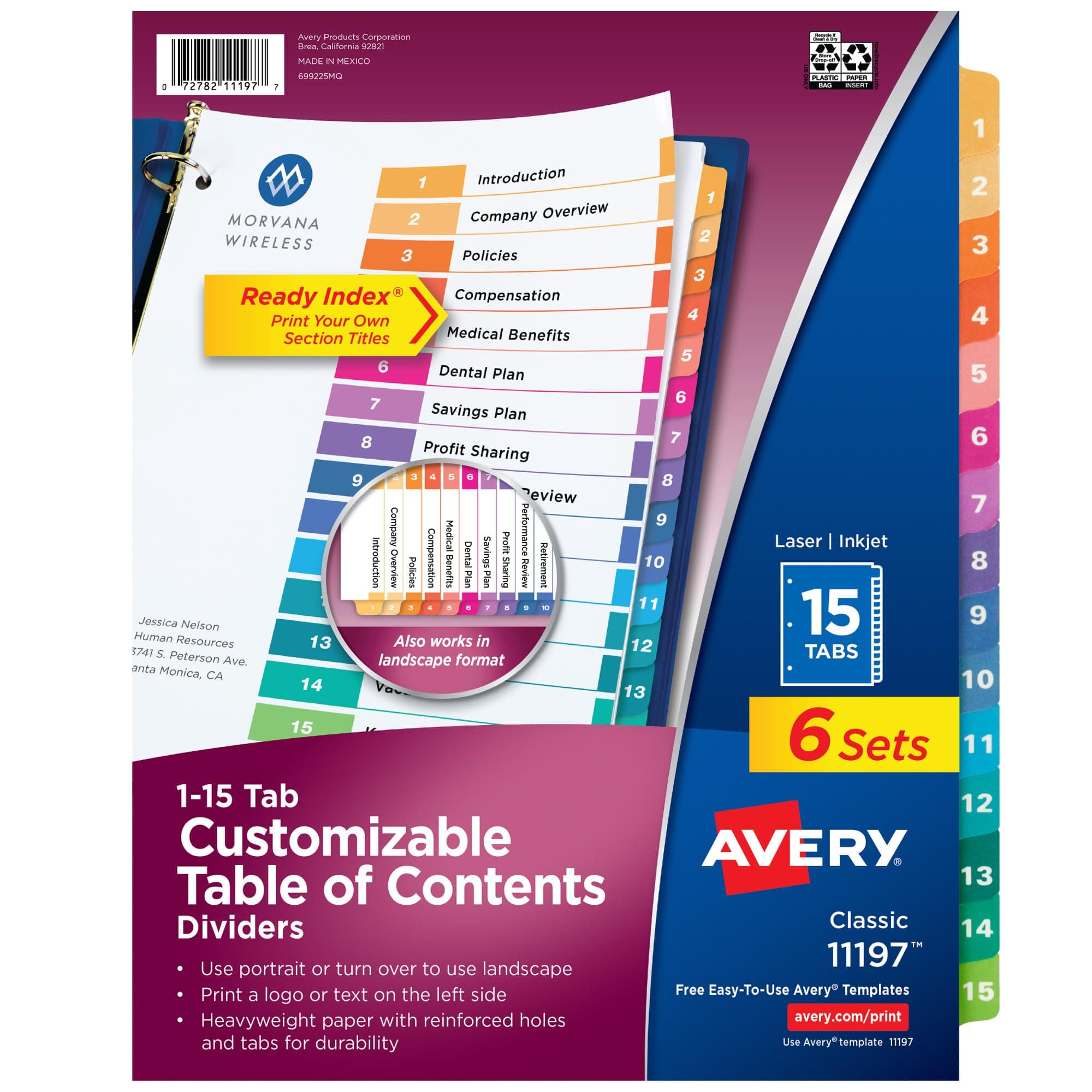 15 Tab Dividers for 3 Ring Binders, Customizable Table of Contents, Multicolor Tabs, 6 Sets (11197)