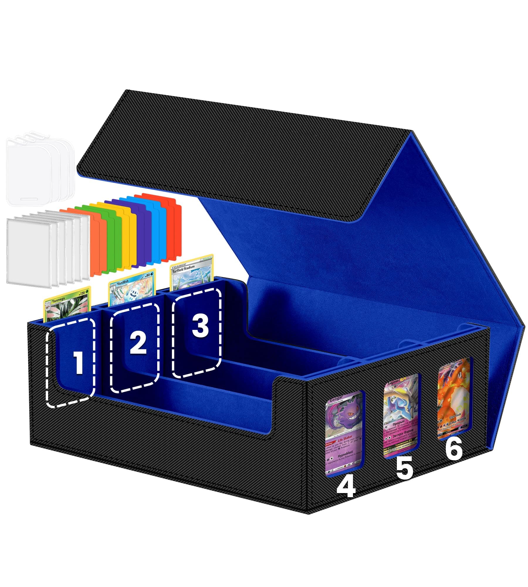 Trading Cards Storage Box - 6-Window Display 2400+ TCG Commander Deck Case PKM with 6 Card Holders for Magic the Gathering YuGiOh Sports MTG PTCG Black and Blue