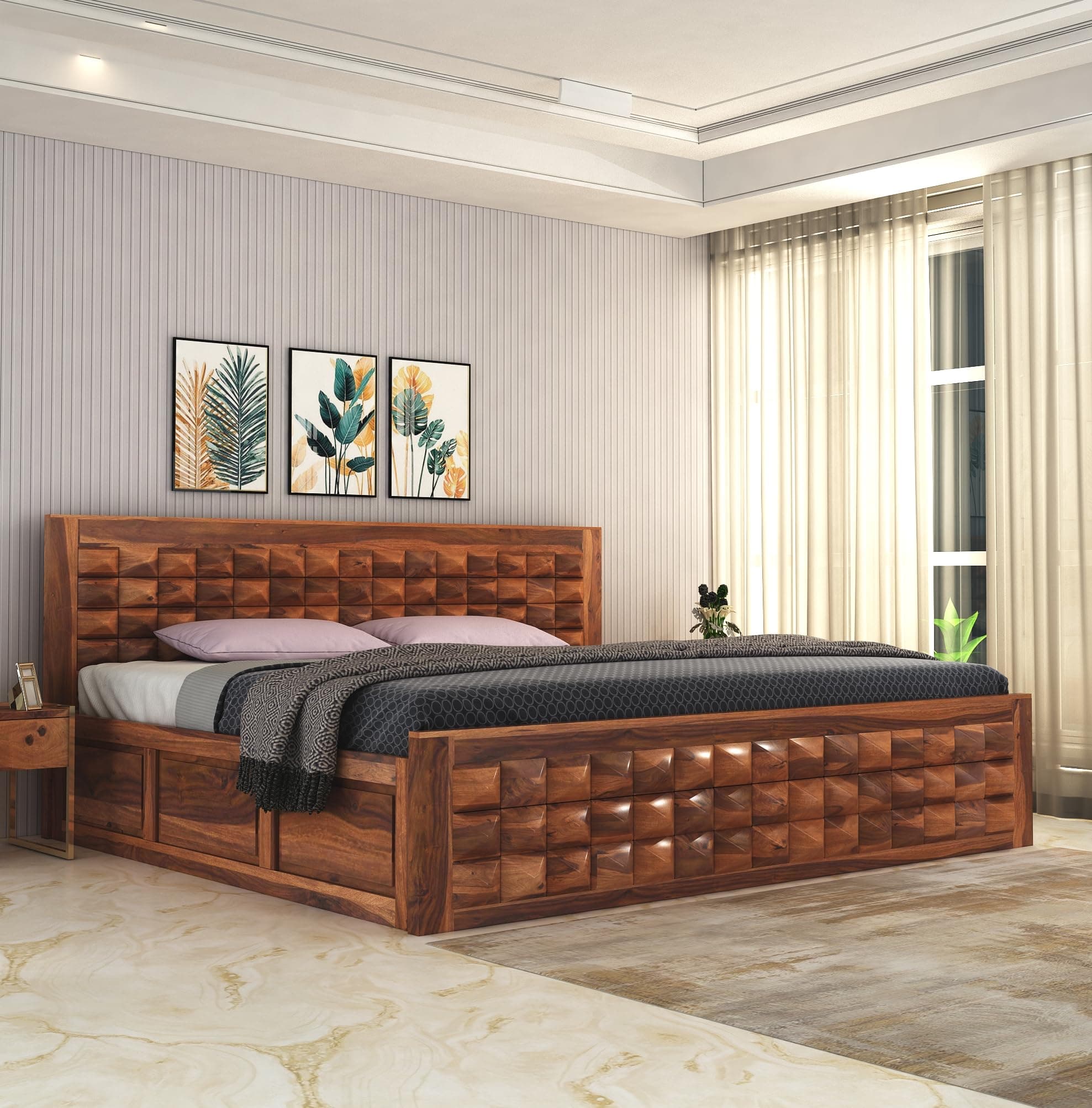 SONA ART & CRAFTS Diamond Solid Sheesham Wood King Size Bed with Storage Box + 2 Side Tables | Wooden King Size Cot Bed Double Bed with Box for Home - Natural Finish (Assembly Included)