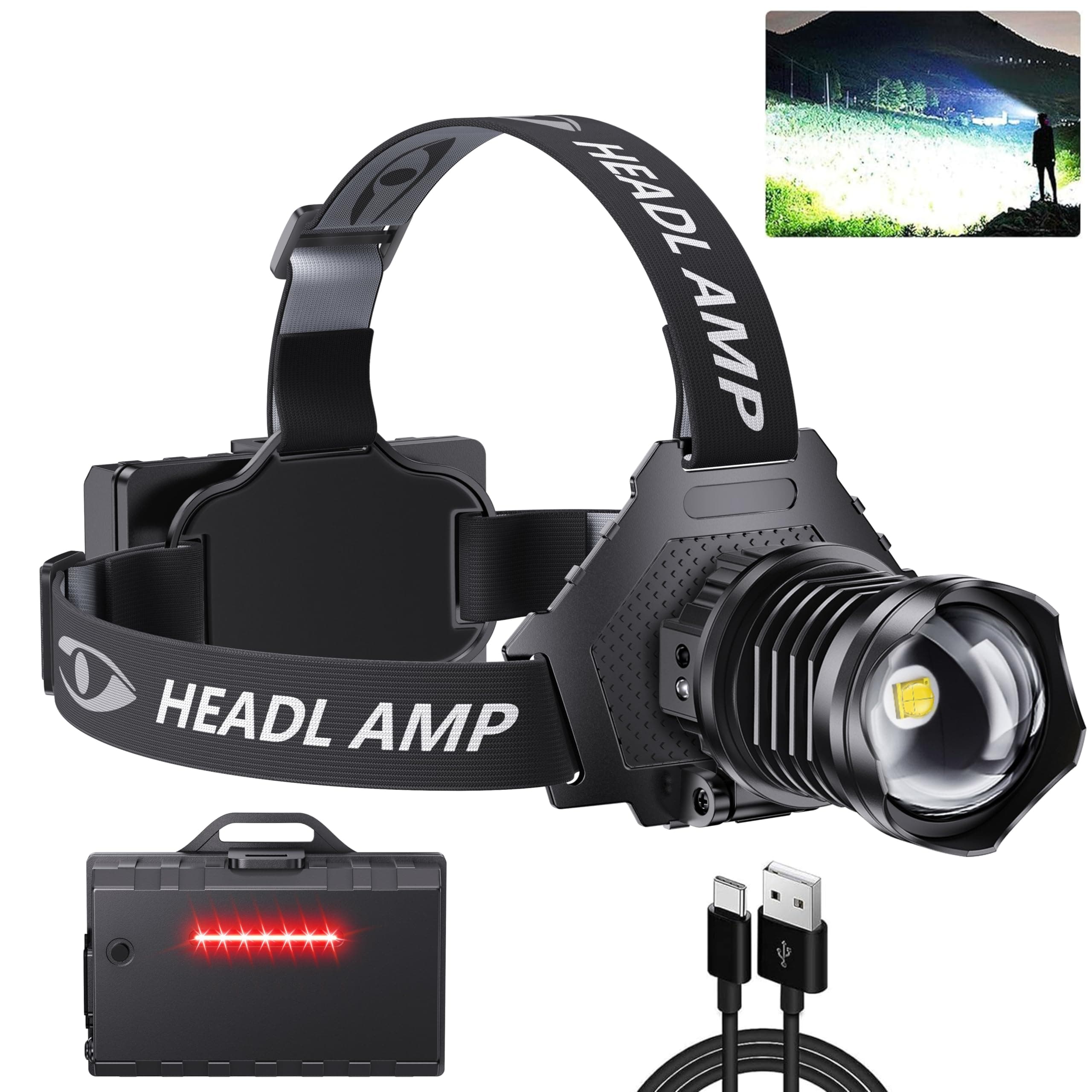 AMAKER LED Rechargeable Headlamp, High Lumens Super Bright with 5 Modes & IPX7 Level Waterproof USB Rechargeable Zoom Headlamp, 90° Adjustable for Outdoor Camping, Running, Cycling, Climbing