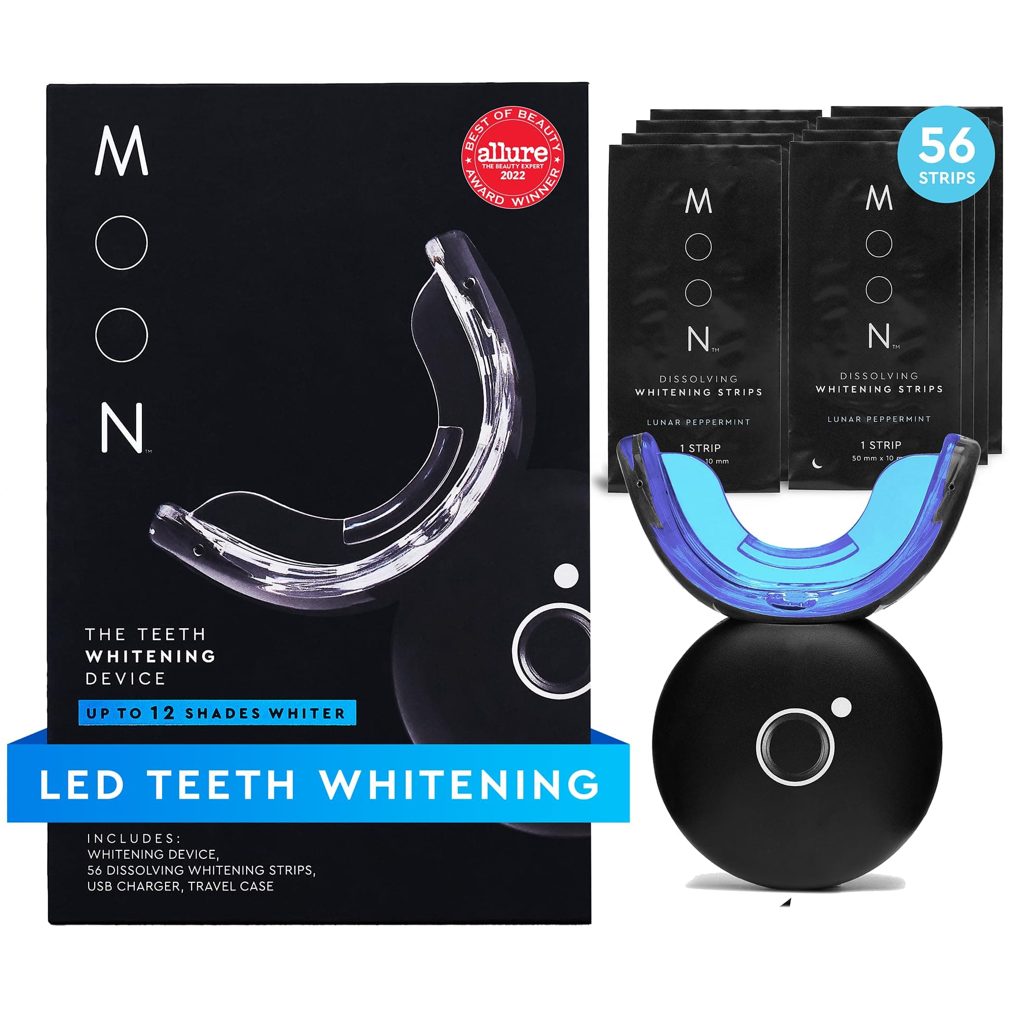 MOON Teeth Whitening Kit, LED Light Teeth Whitener Device, 56 White Strips, USB Charger & Travel Case, Blue Light Whitening Tray Removes Stains & Whitens Up to 12 Shades in 2 Weeks (4 Piece Kit)