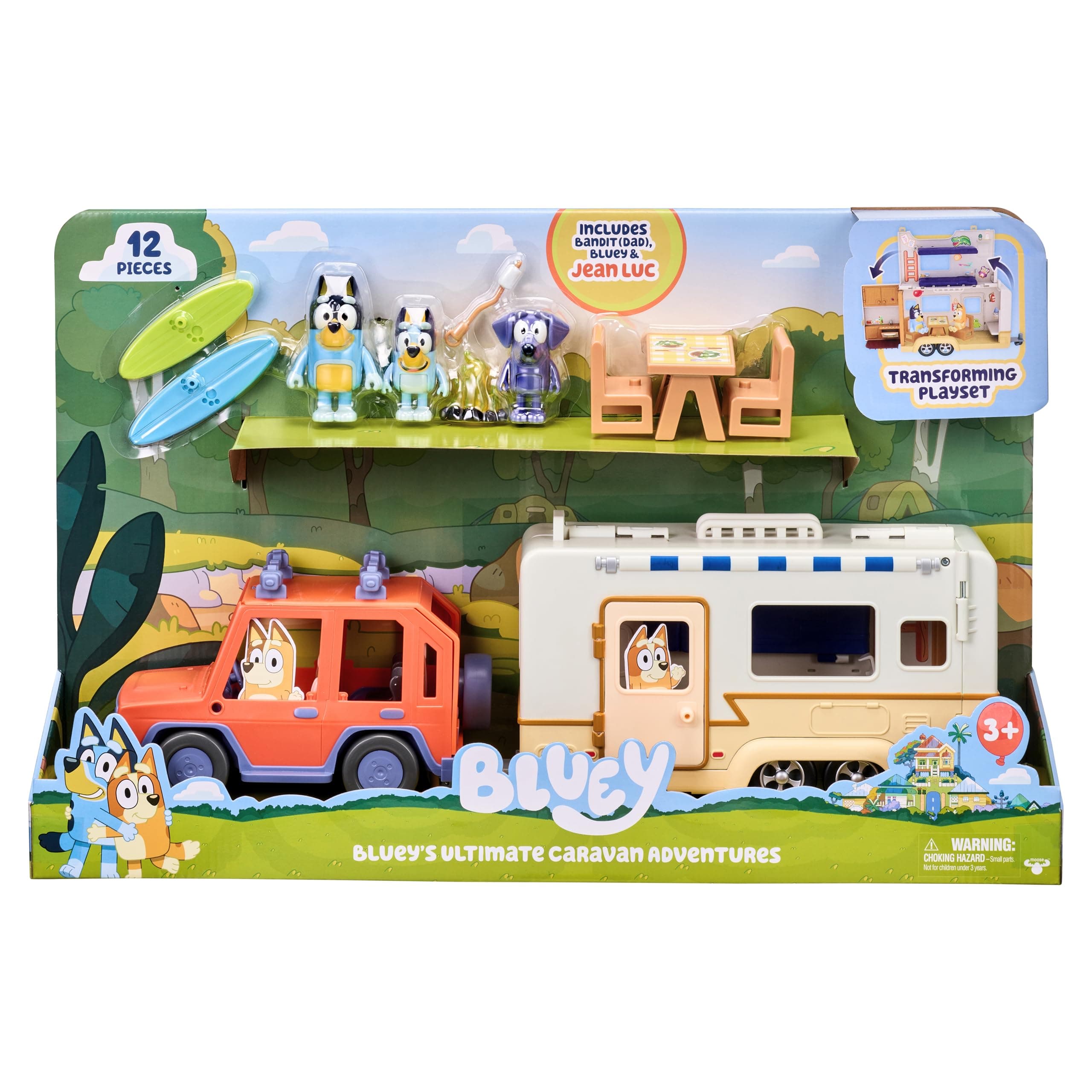 Bluey Ultimate Caravan Adventures - Caravan Playset and Three 2.5-3" Figures & 4WD Family Vehicle with 2 Surfboards, Multicolor (13096)