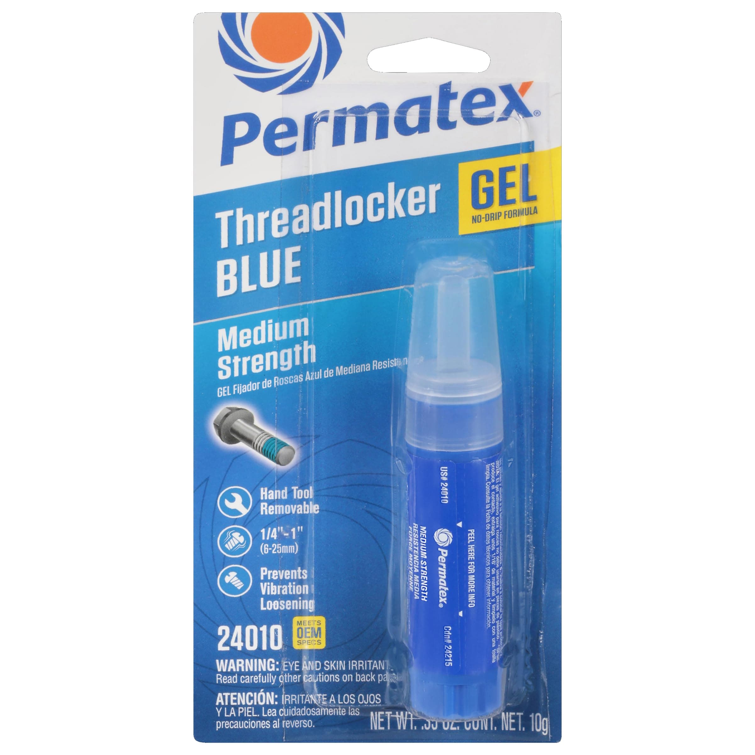 24010 Medium Strength Threadlocker Blue Gel, 10 g Gel Twist Applicator