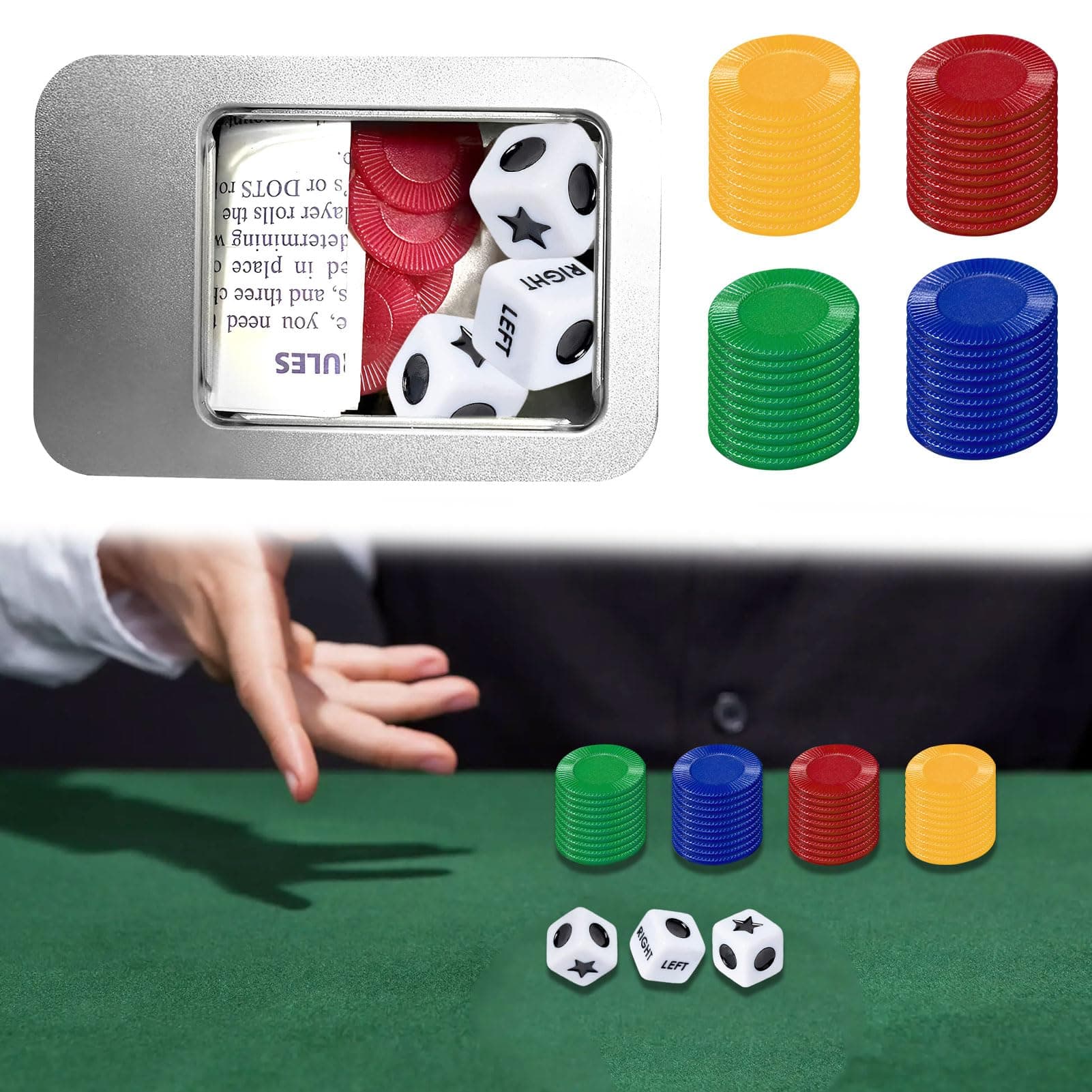 Eophmi Left Right Centre Dice Game - 3 Dice, 40 Chips, Fun Games for Families, Picnic & Party