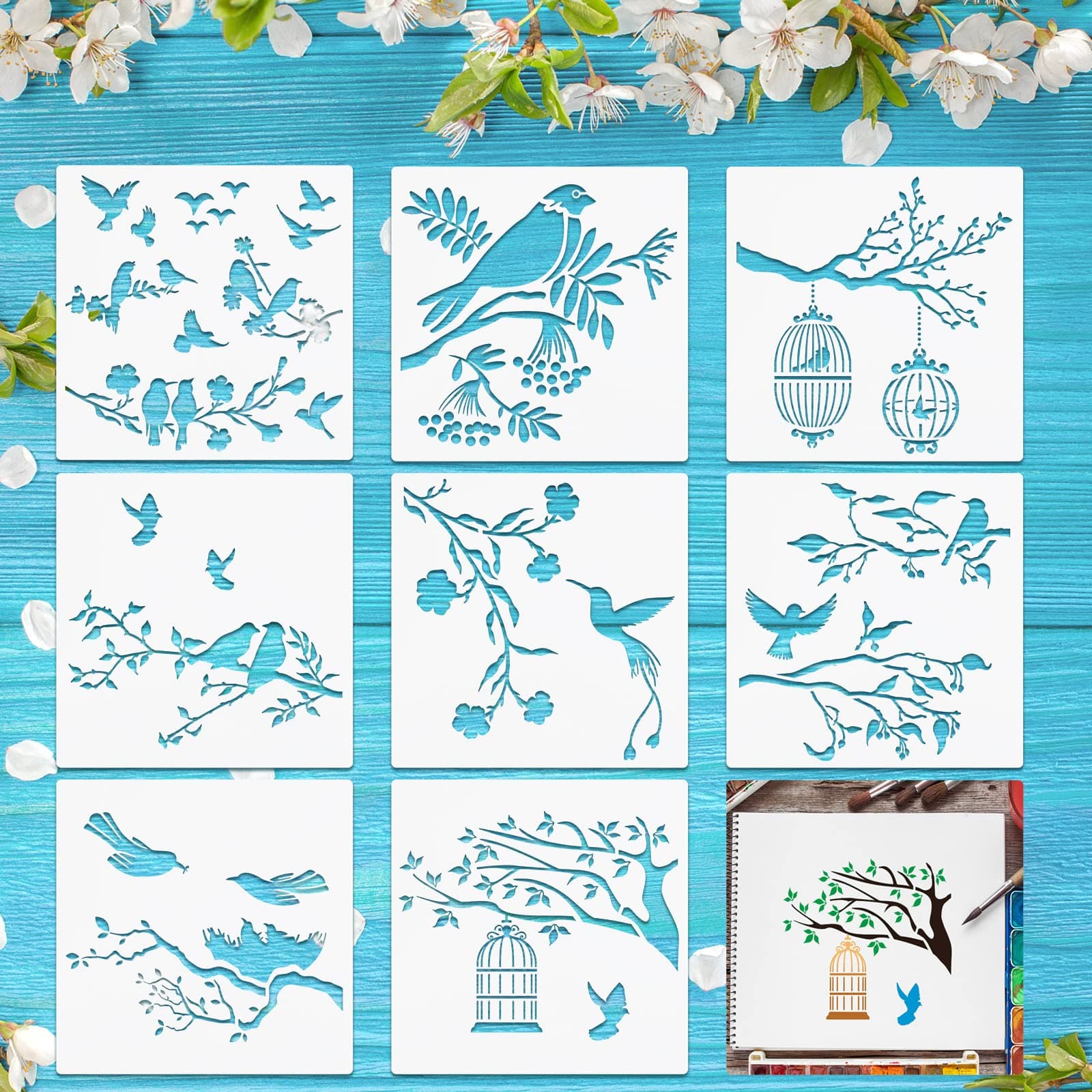 8 Pieces Birds Stencils Bird Tree Branches Stencil Flying Bird Painting Template Stencil Bird Flower Leaf Drawing Reusable Stencil for Paint Craft Wall DIY Nature Home Decor Wood Sign (6 x 6 Inch)