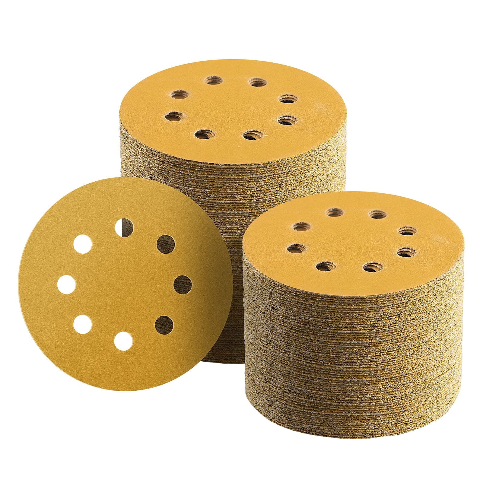 Keeimp100 Pcs 5 Inch Sanding Discs Hook and Loop, 220 Grit Sandpaper for Woodworking or Automotive, 8 Hole Gold Premium Dustless Random Orbit Sandpaper