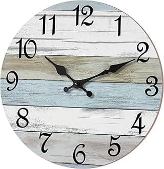 CHYLIN Wall Clock - 16 Inch Silent Non Ticking Coastal Wall Clocks Battery Operated, Wooden Rustic Farmhouse Clock Decorative for Living Room, Kitchen, Bathroom, Office (Blue)