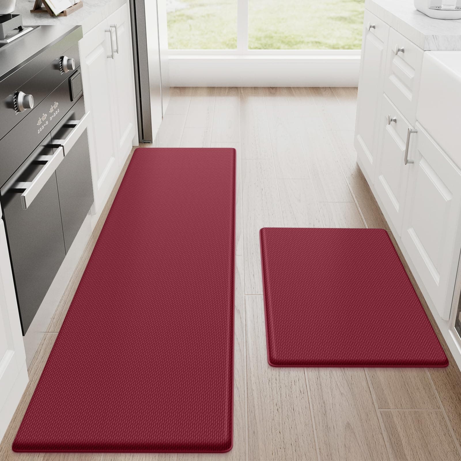Kitchen Mats, 2PCS Kitchen Rugs, Cushioned Anti Fatigue Kitchen Mats for Floor, Non-Slip Standing Desk Mat, Waterproof Kitchen Rug Set for Kitchen, Floor, Office, 17.3"x30"+17.3"x59", Red
