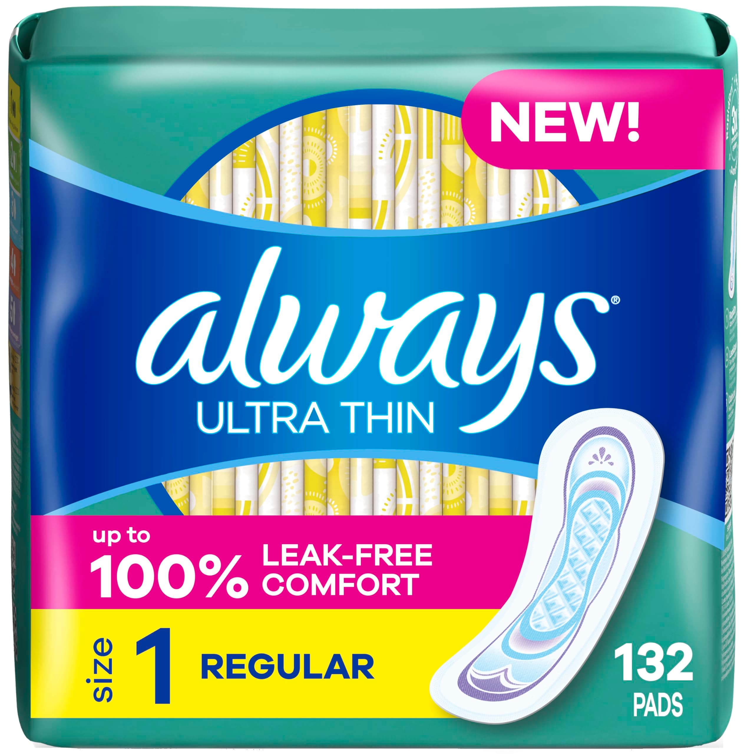 Ultra Thin Pads Without Wings, Size 1, Regular, 132 Count (3 Packs of 44)