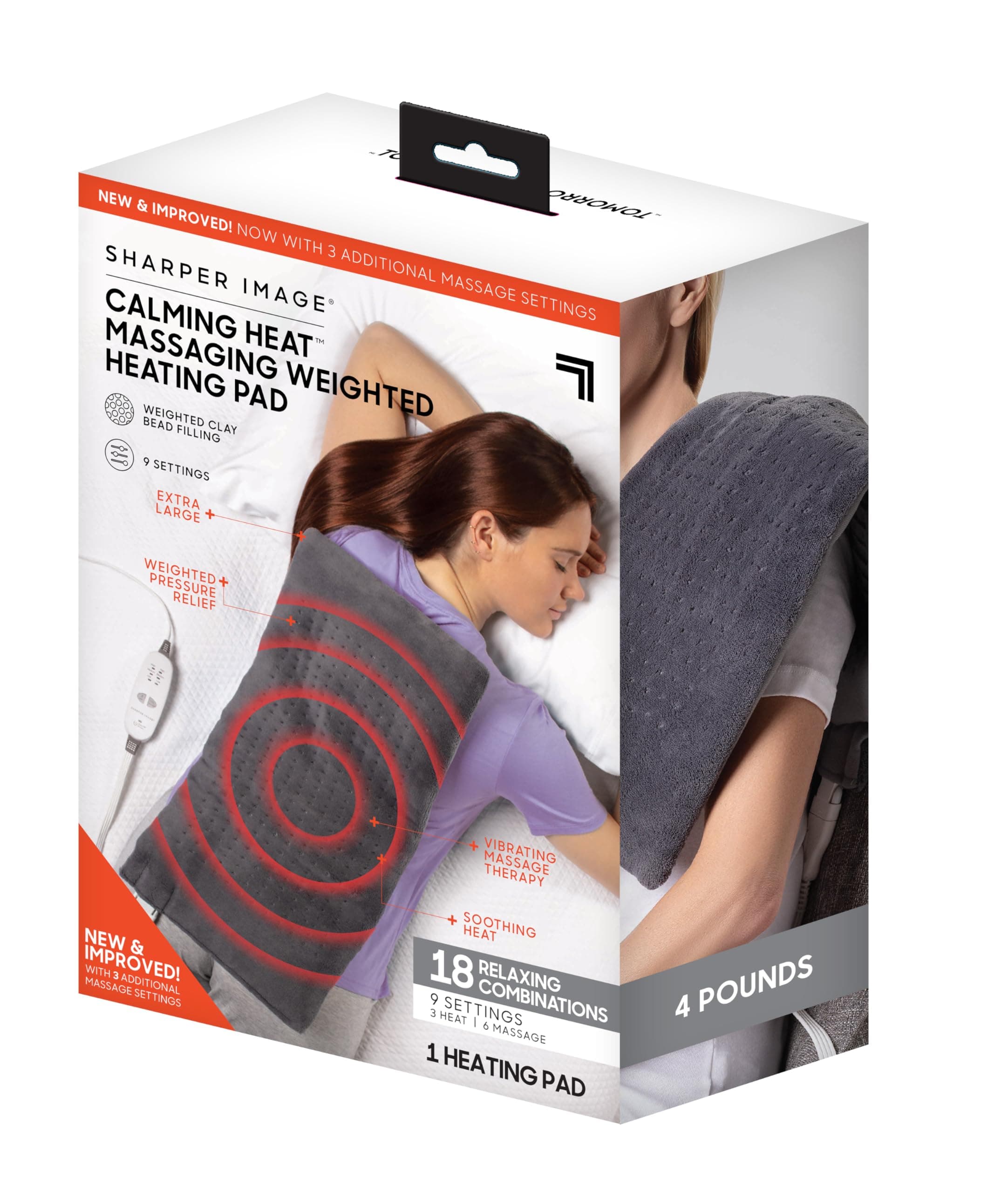 Calming Comfort Heat Massage Weighted Heating Pad from Sharper Image - Massage Vibrating Weighted Electric Heating Pad, 6 Gauge - 3 Heat, 3 Massages - 9 Relax Combinations, 12" x 24", 3 Pound