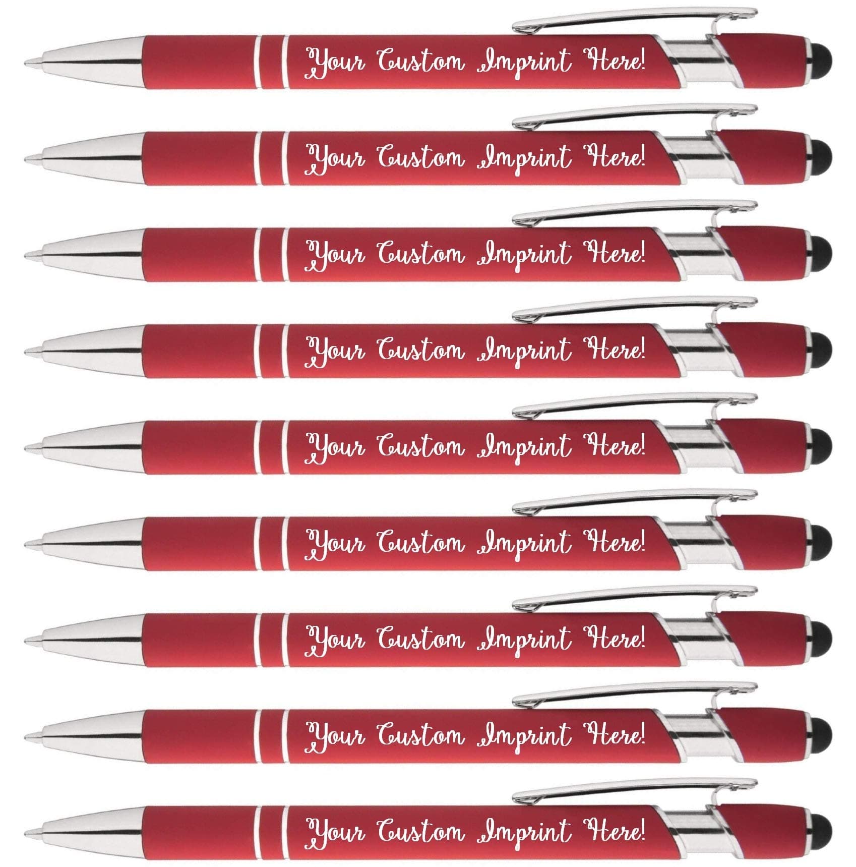 Full Color Imprint offered on Rainbow Rubberized Soft Touch Ballpoint Pen Stylus is a stylish, premium metal pen, black ink, medium point. Box of 12 - Personalized with your custom text or logo (Red)