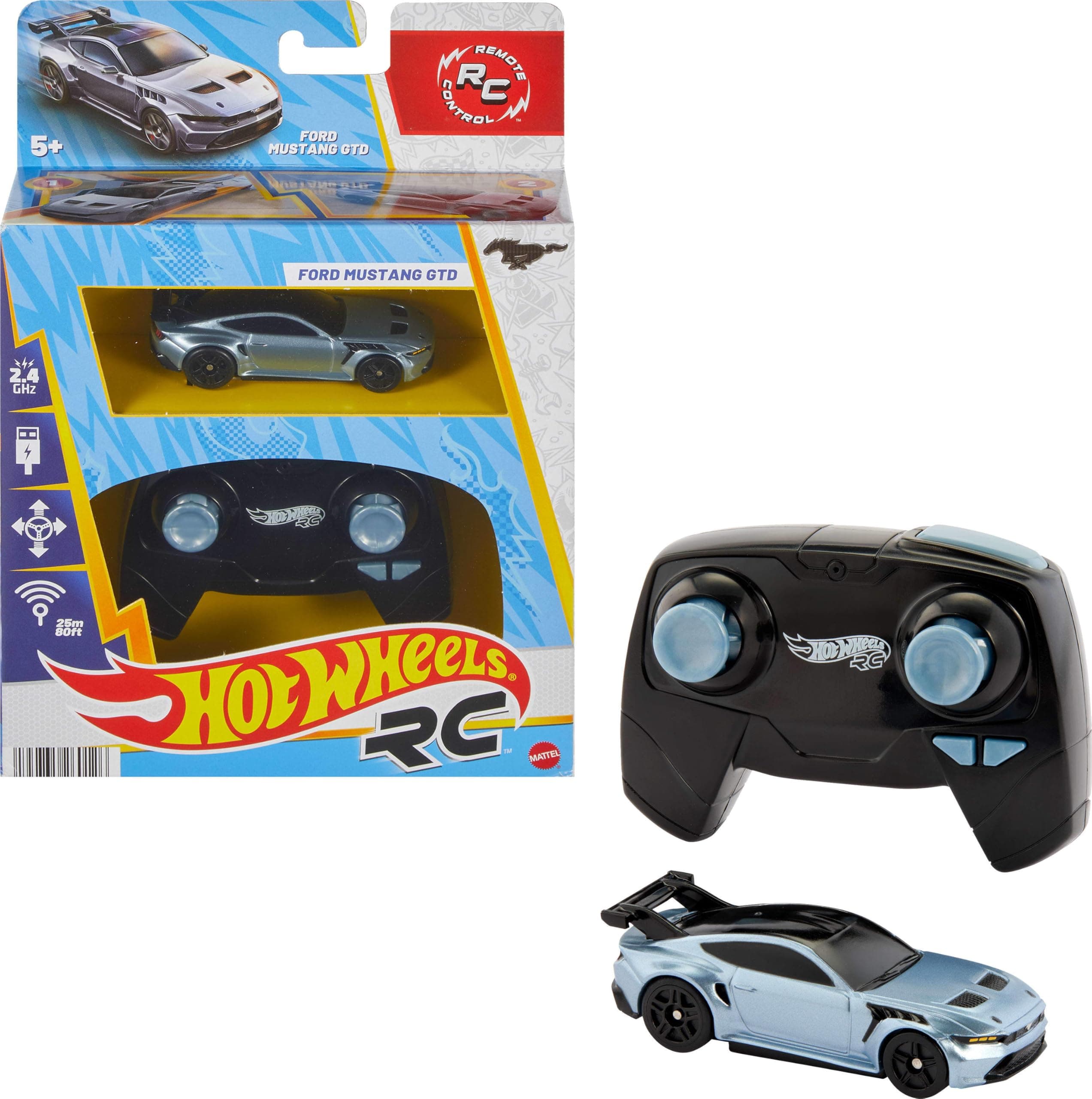 Hot Wheels RC Toy Car, Full-Function Remote-Control 1:64 Scale Ford Mustang, Booster Button to Race & Stunt Onor Off-Track, Recharge with USB Cable