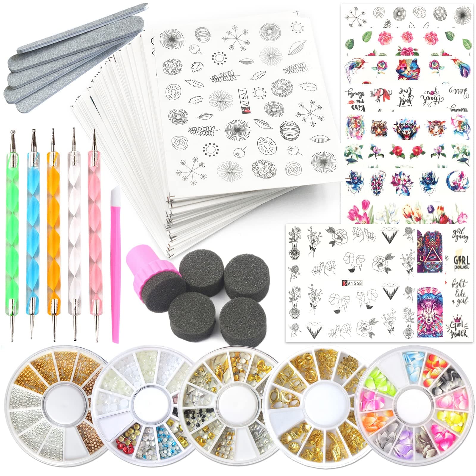 Nail Art Tools Decorations Kit 48 Sheet Water Transfer Nail Sticker Decals, 5 Nail Rhinestones Bead Gold Metal Studs, 5 Nail File Buffer,5 Nail Dotting Pen for Manicure DIY Fingernails Designs