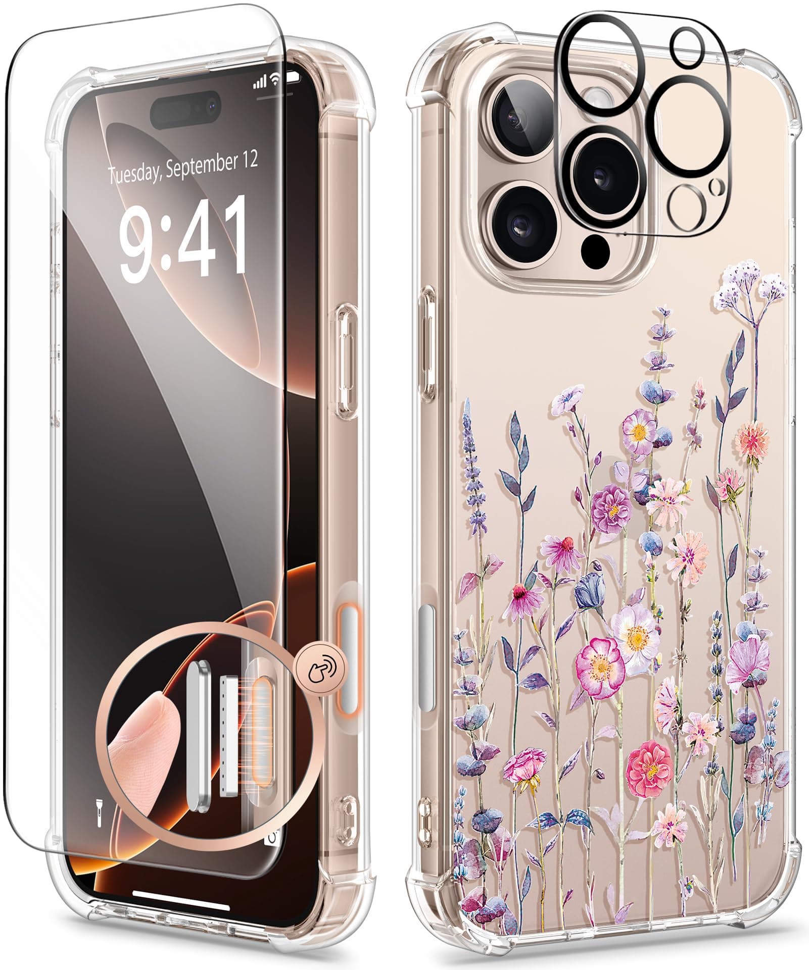GVIEWIN for iPhone 16 Pro Case Floral, with Screen Protector&Camera Lens Protector, [Non Yellowing] Slim Shockproof Clear Phone Protective Cover for Women, Flower Pattern 6.3"(Floratopia/Colorful)