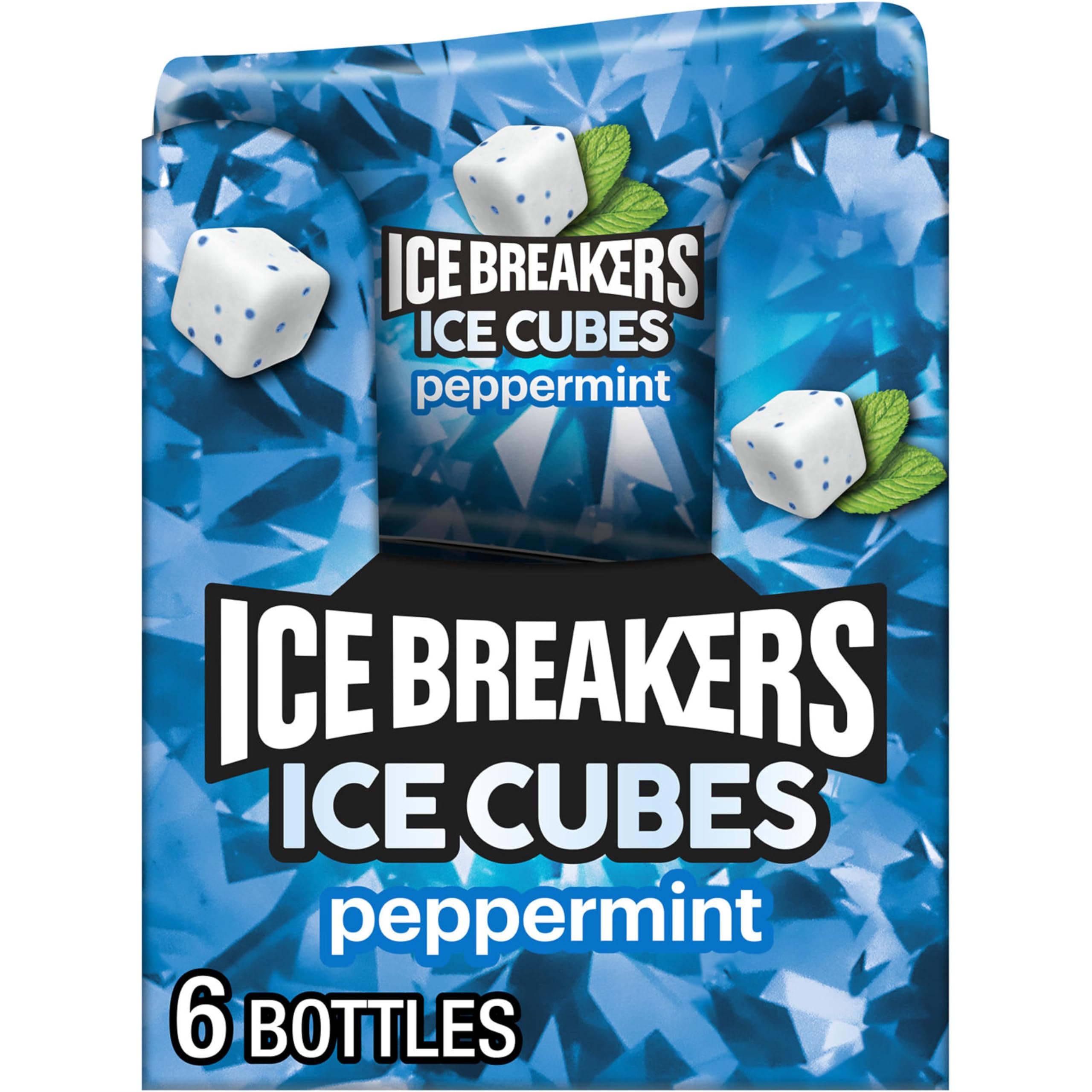 ICE BREAKERS Ice Cubes Peppermint Flavored Sugar Free Chewing Gum Bottles, 3.24 oz (6 Count, 40 Pieces)
