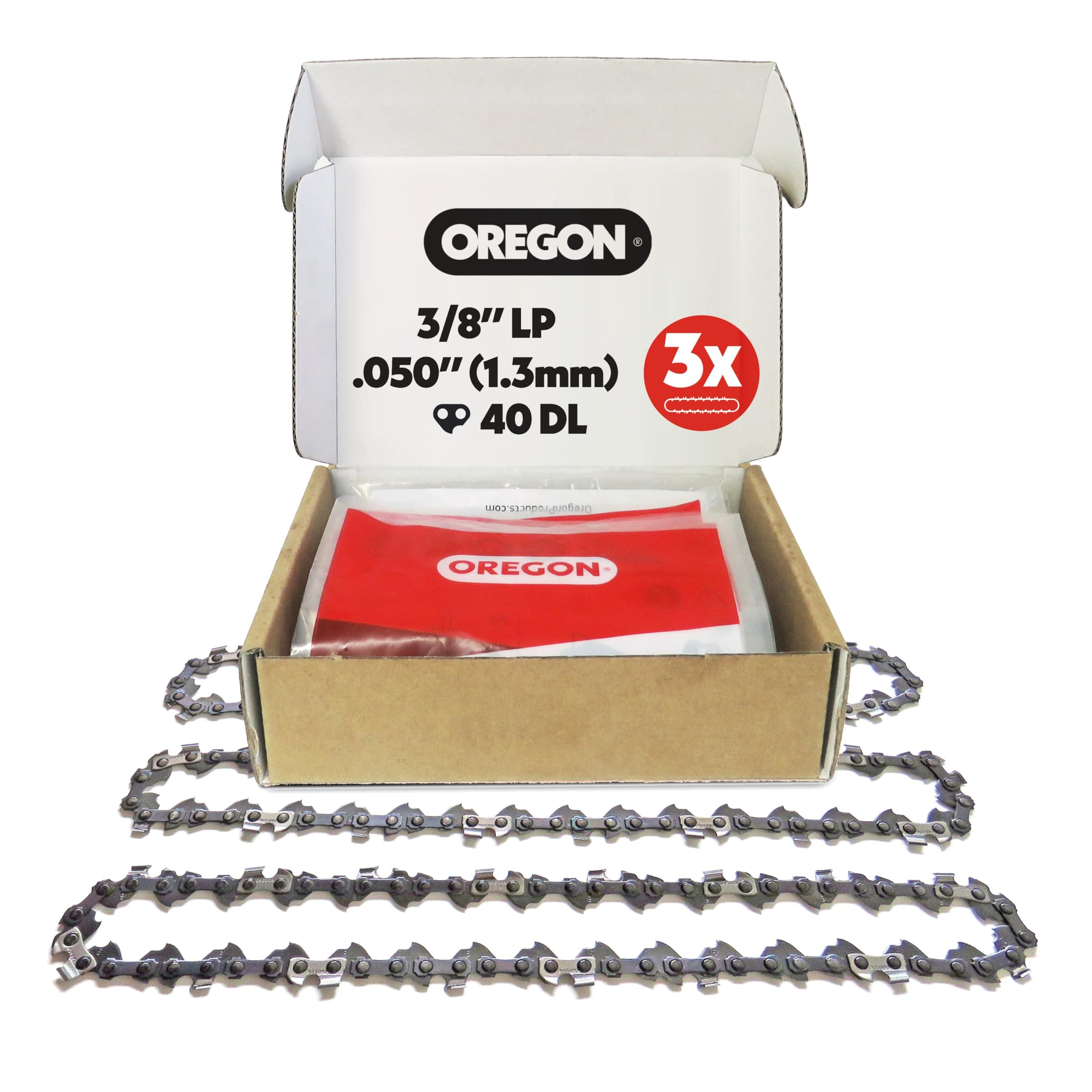Oregon 3-Pack Pole Saw Chain 3/8" LP Pitch, .050" (1.3 mm) Gauge for 10" (25cm) Bar, 40 Drive Links – Low-kickback Chain Fits Black & Decker, Bosch, Ferrex, Worx and more