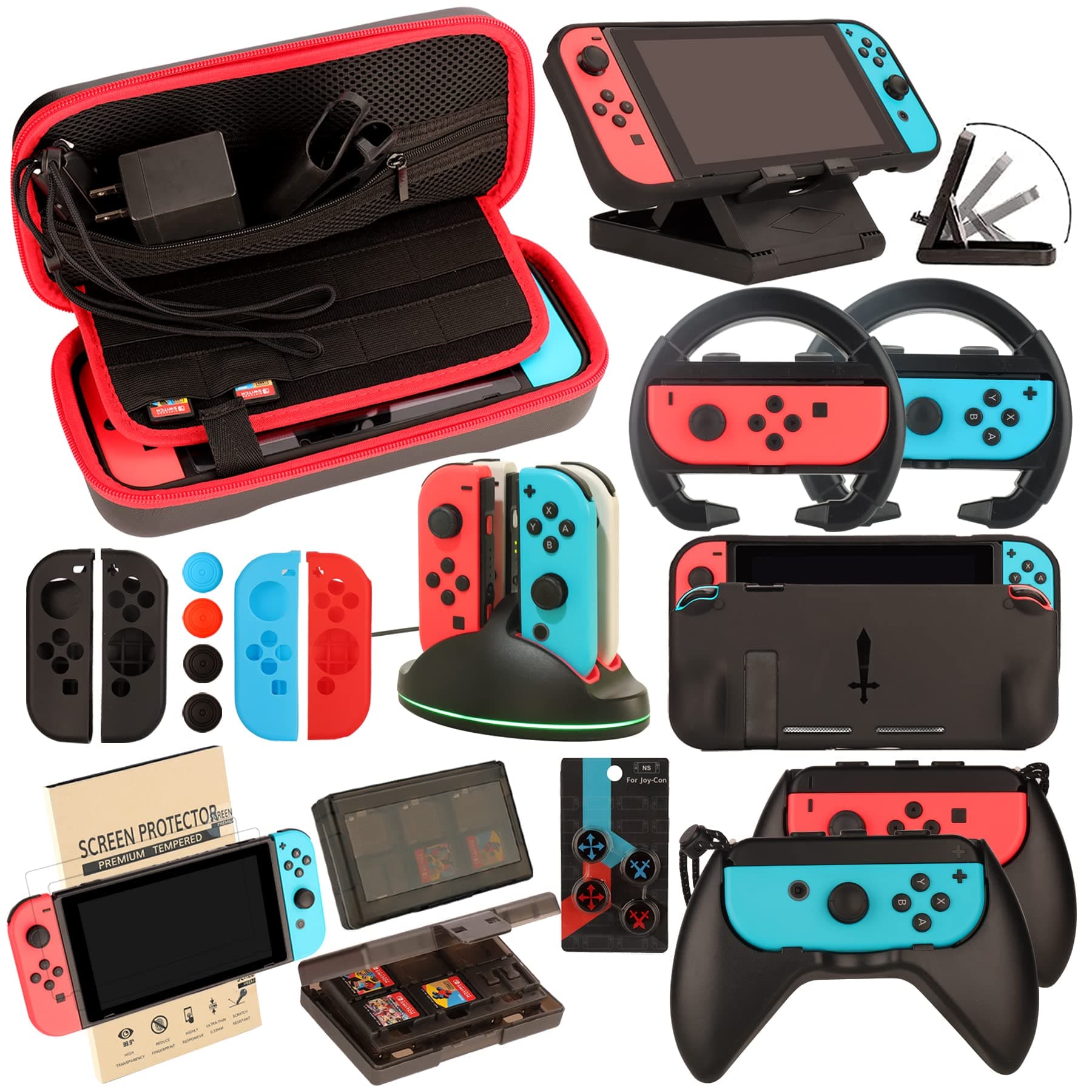 - Switch Accessories Bundle for Nintendo Switch: Carrying Case, Screen Protector, Joycon Grips, Steering Wheels, Charging Dock, Playstand, Comfort Joy-Con Case and More (23 in 1)