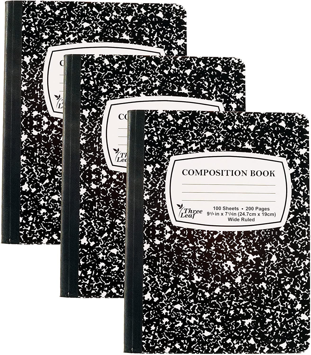 Pack of 3 - Composition Notebooks, 9-3/4" x 7-1/2", Wide Ruled, 100 Sheet (200 Pages), Color: Black Marble, Weekly Class Schedule and Multiplication/Conversion Tables on Covers. (3-Pack, Black)
