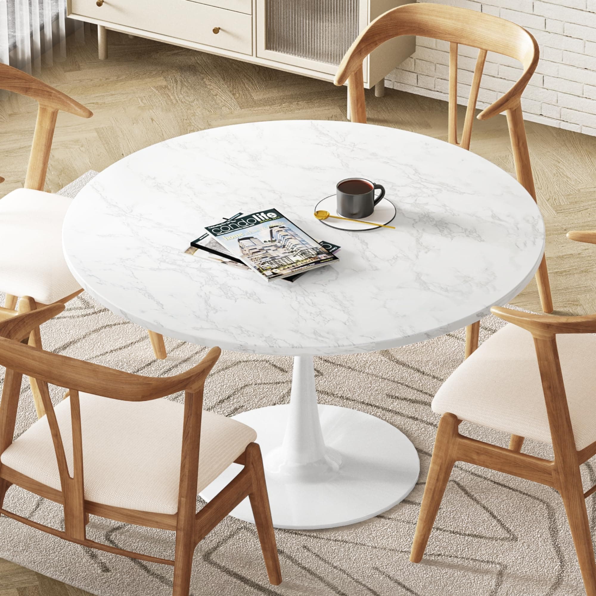 DKLGG White Marble Round Dining Table, 31.5" Tulip Kitchen Dining Table 2-4 People with MDF Top & Pedestal Base, Mid-Century End Table Leisure Coffee Office Living Room Table